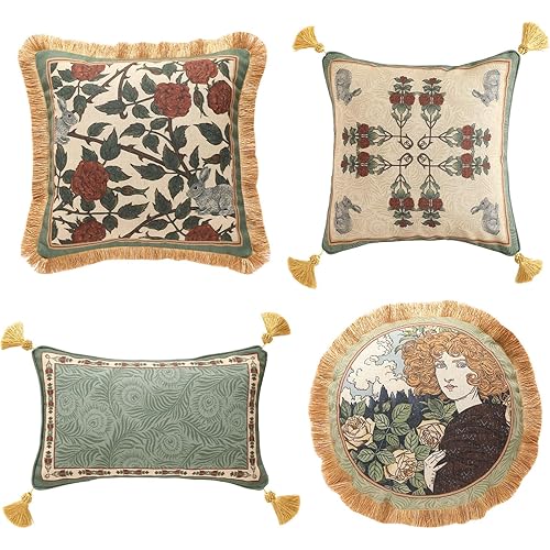 patdrea Designer Throw Pillow Covers Set of 4,French Elegant Green Linen with Rose Collection Pattern Pillow Covers,Decorative Lumbar Square Round Pillowcases Cushion for Bed Living Room Outdoor