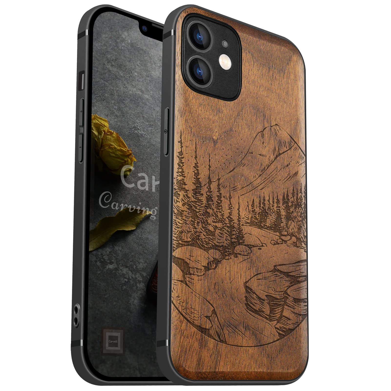 Carveit Magnetic Wood Case for iPhone 12 Case [Natural Wood & Black Soft TPU] Shockproof Protective Unique Wooden Cover Compatible with MagSafe (