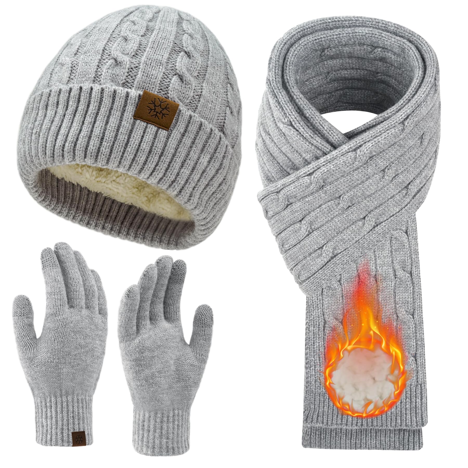 Womens Winter Beanie Hat Scarf Gloves Set, Knit Touch Screen Gloves Long Scarf Skull Caps Fleece Lined Winter Gift-image-27