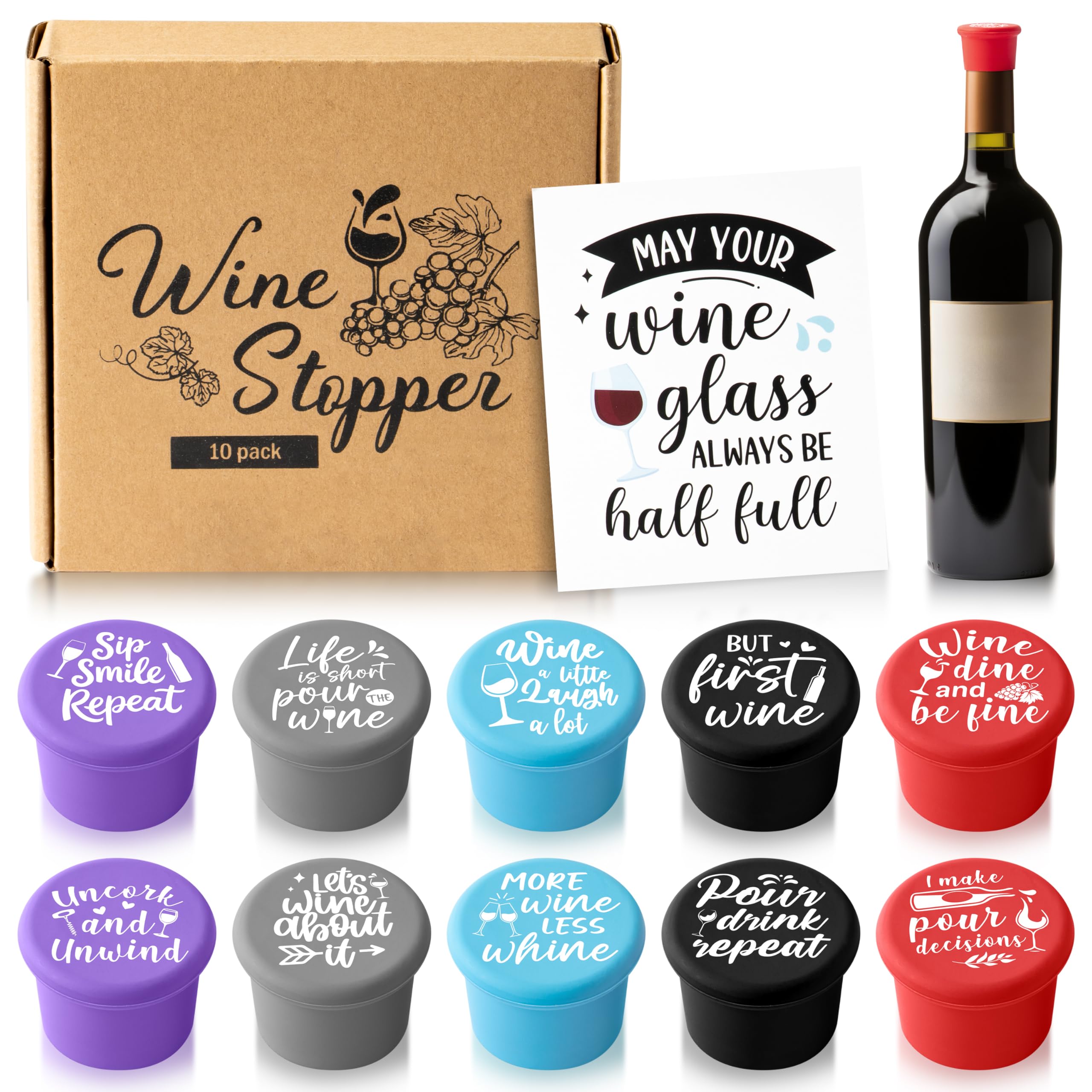 GROBRO7 10Pcs Wine Stoppers Gift Set Funny More Wine Less Whine Pattern Silicone Bottle Covers Reusable Beverage Corks Strong Sealing Liquor Accessories for Outdoor Picnics Weddings Barbecues Party