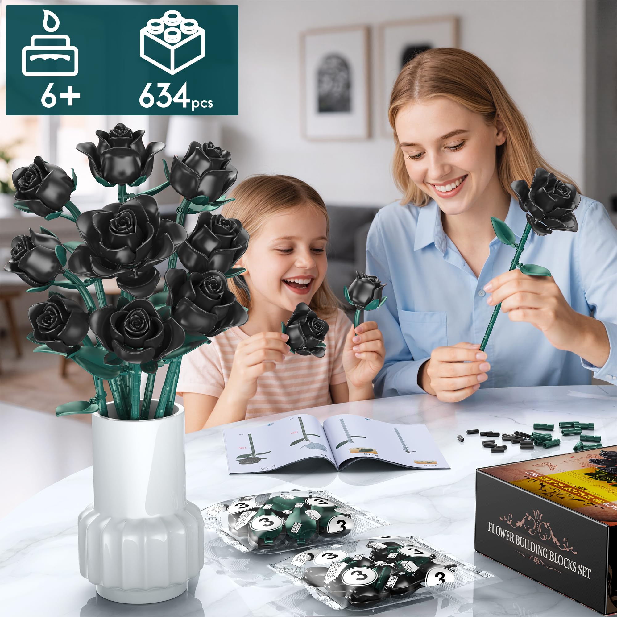 Kit Construction Bouquet Roses Noires Mystiques 585 Pièces - Fleurs Artificielles Blocs Botanique Pour Adultes, Déco Gothique Bureau Maison