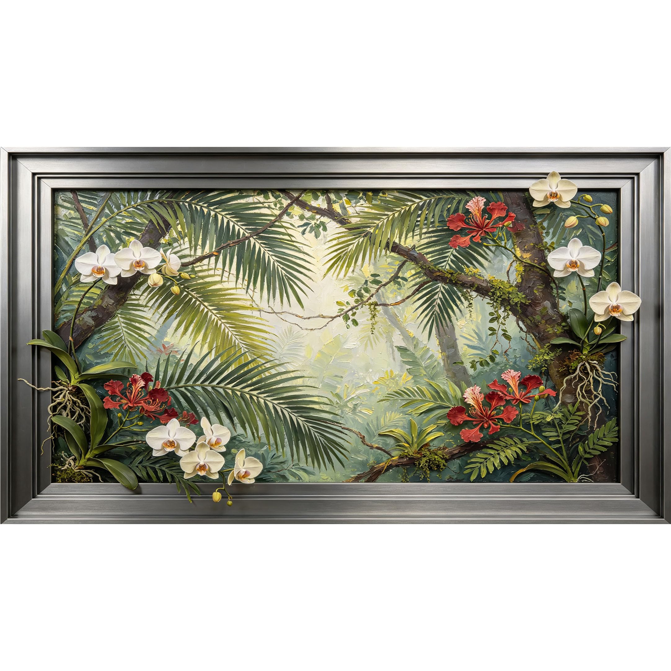 QZLITHOTIC 50×90cm3D Framed Wall Art， Tropical Jungle Orchid Oil Painting， Self?Adhesive Mural， Water?Activated Peel & Stick Fabric Decor Wall Decal for Bedroom Living Room