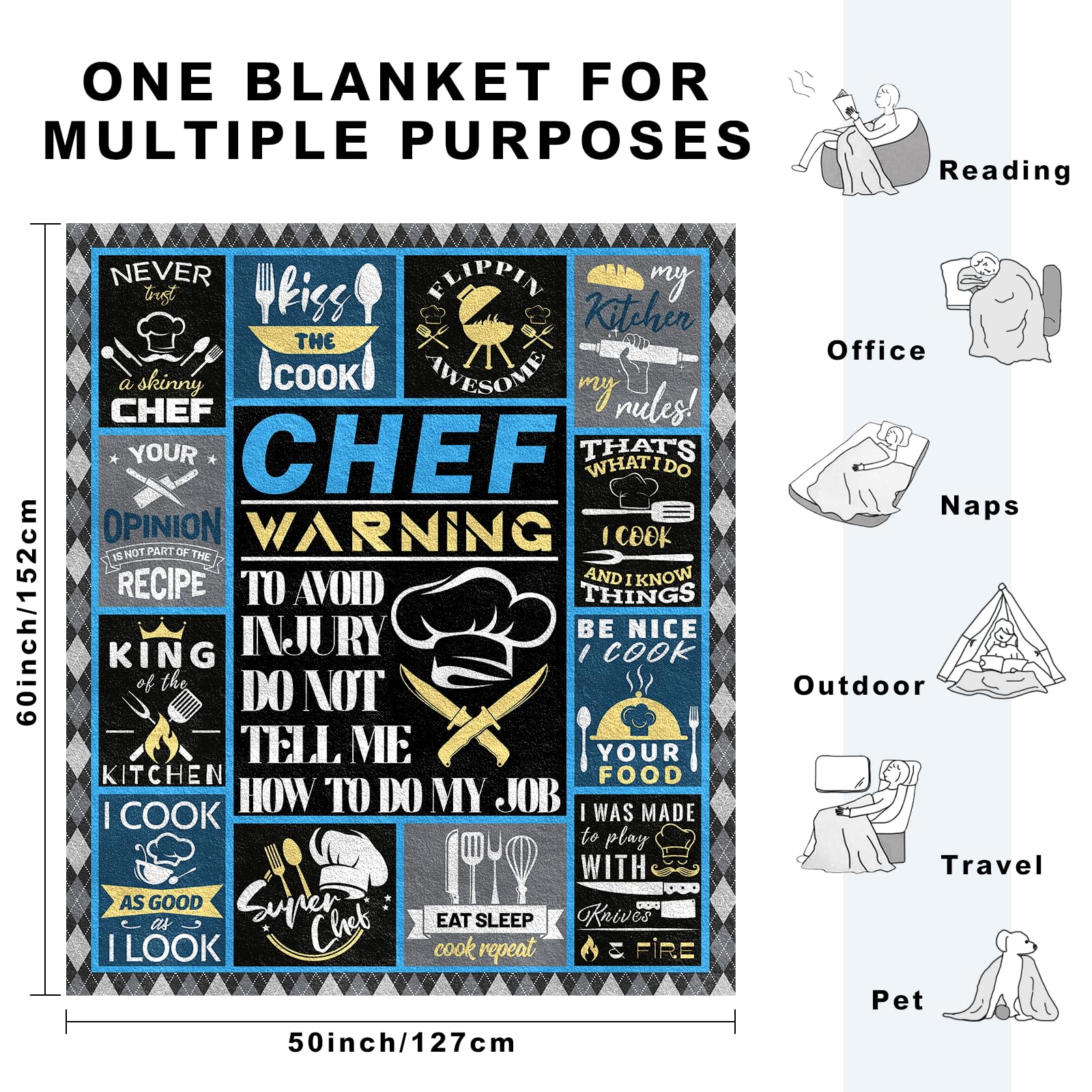 Chef Gifts for Men Blanket 60"x50", Cooking Gifts for Men, Gift for Chefs Man, Gift for Cooking Lovers, Presents for Mens Cooks, Gifts for People Who Like to Cook