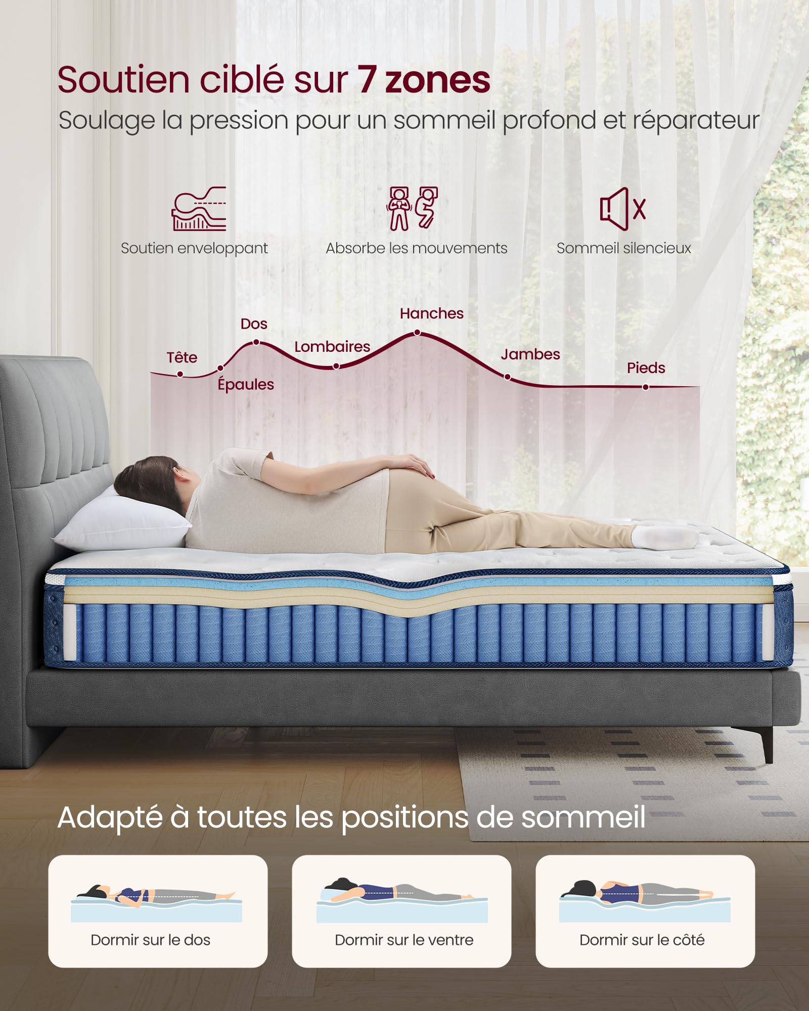 VASAGLE Matelas Double 140 x 190 x 25 cm, Matelas Hybride à Ressorts Ensachés, Mousse à Mémoire de Forme Gel, Soutien Mi-Ferme sur 7 Zones, Bords Renforcés, Housse Respirante, Bleu RMZ223QZ02