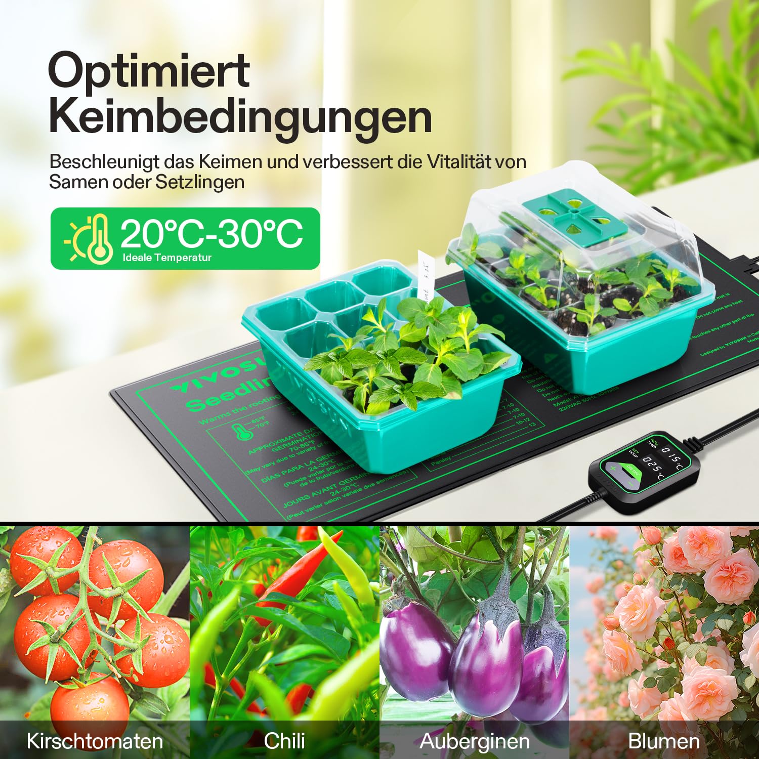 VIVOSUN Heizmatte Pflanzen 25,4x52,7cm mit Temperaturregler, Wasserdichte Pflanzen-Wärmematte UL & MET Zertifiziert, Setzling Heizmatte für Keimung, Hydrokultur, Zucht und Gewächshaus