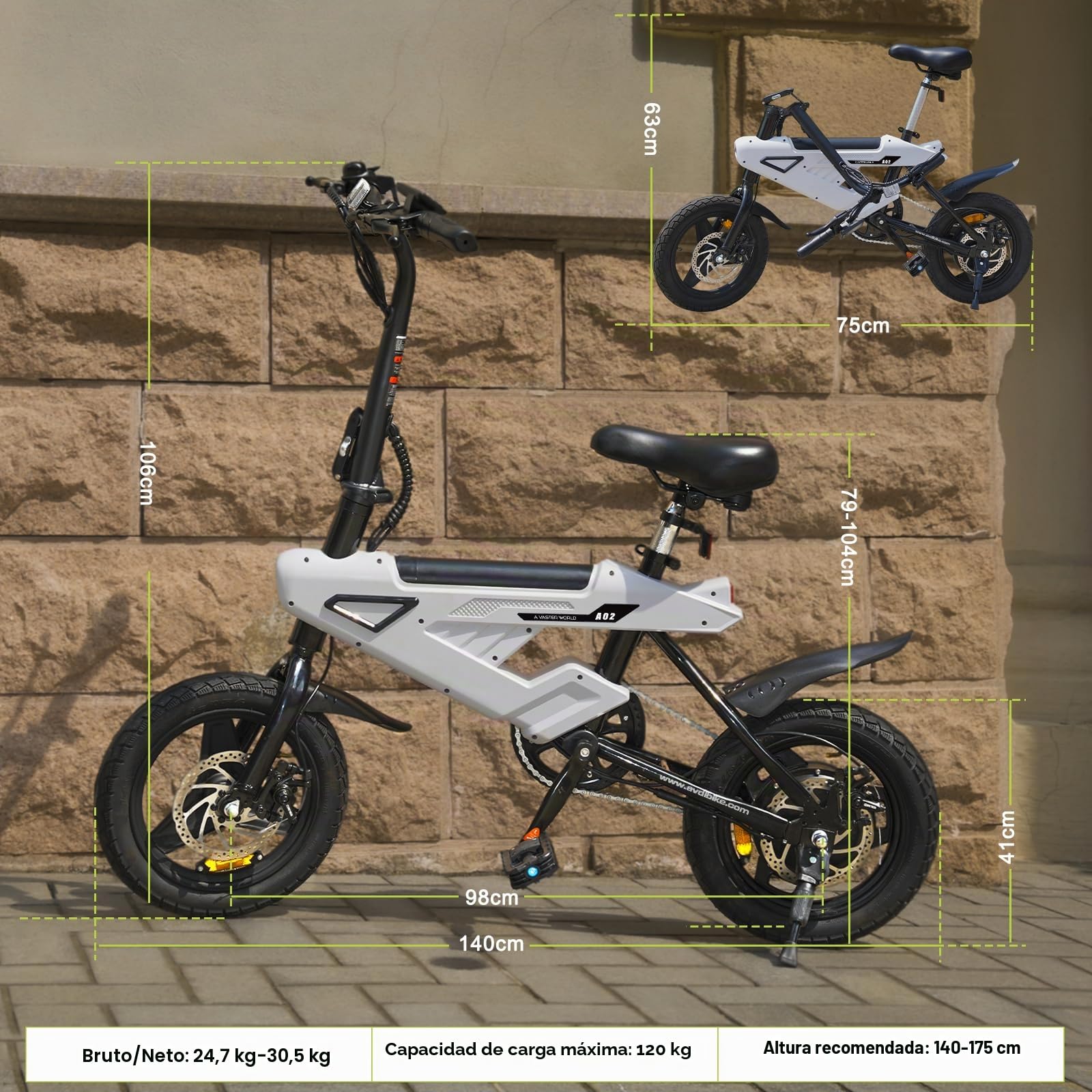 AVDL Bicicleta electrica plegable, 14" x 2.13" Ebike con Extraíble Bateria 36V 6.4Ah, velocidad maxima de 25 km/h, 3+2 velocidades, freno de disco y reflectores, Bici Eléctrica para Viajeros Urbanos