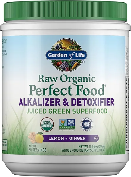 Garden of Life Raw Organic Perfect Food Alkalizer & Detoxifier Juiced Greens Superfood Powder - Lemon Ginger, 30 Servings - Non-GMO, Gluten Free Whole Food Dietary Supplement, Plus Probiotic