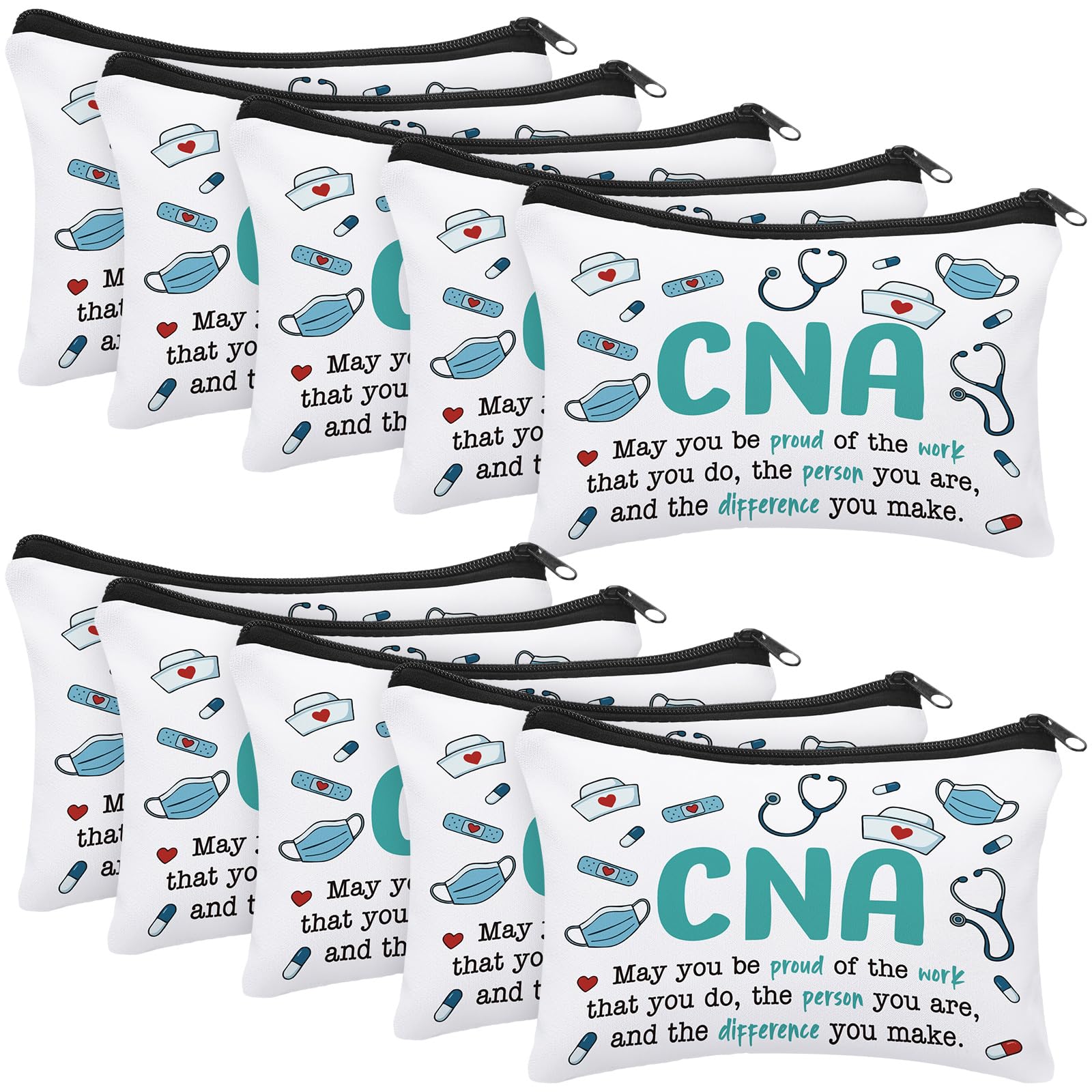 10 Pcs Happy CNA Week Gifts Bulk Cosmetic Bag Nursing Assistant Appreciation Makeup Bag for Nurses Women