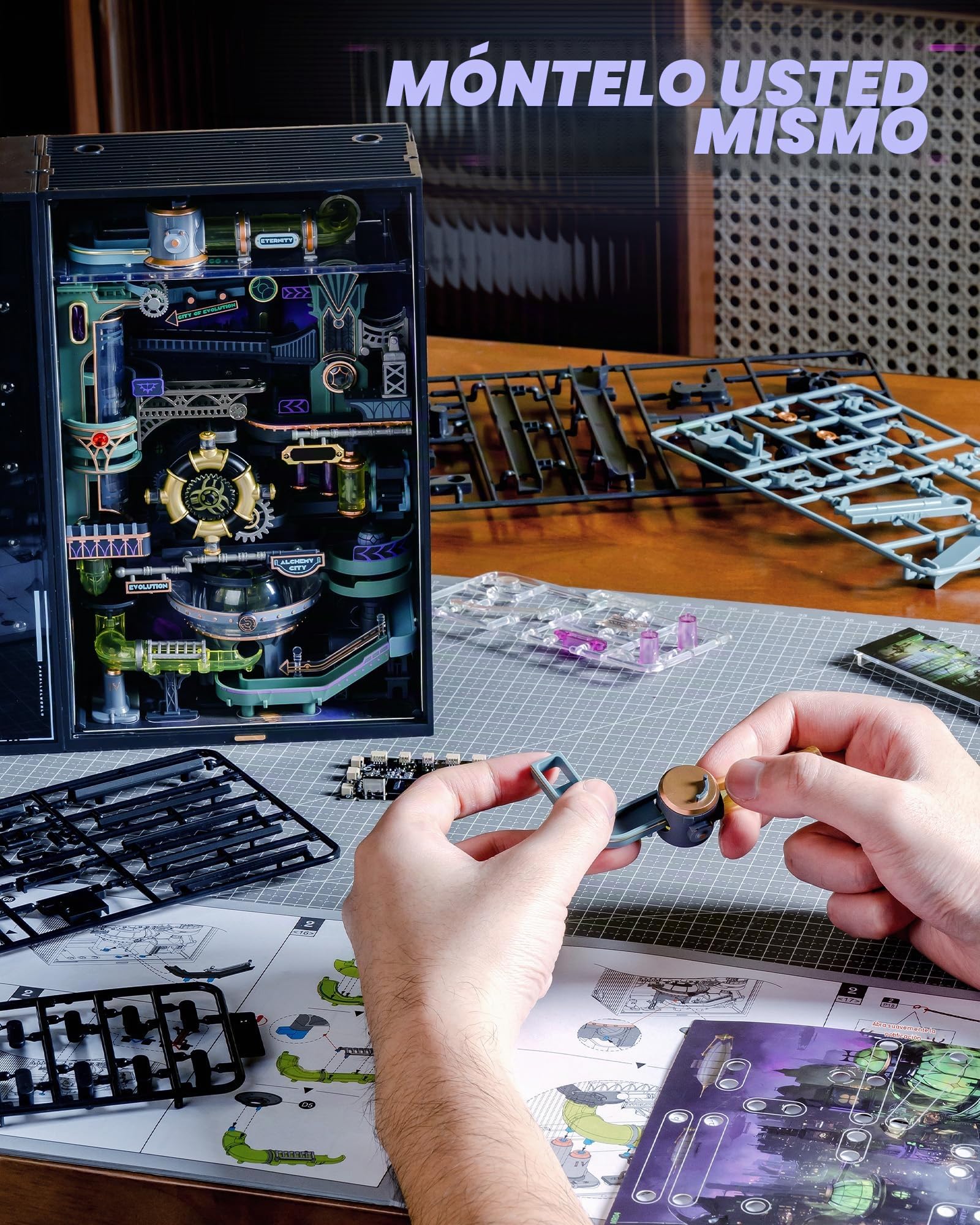 ROBOTIME Puzzle 3D Ciudad Alquímica – Maqueta Interactiva con Canicas y Luces, Kit Mecánico DIY de PVC para Adolescentes y Adultos, MR04S