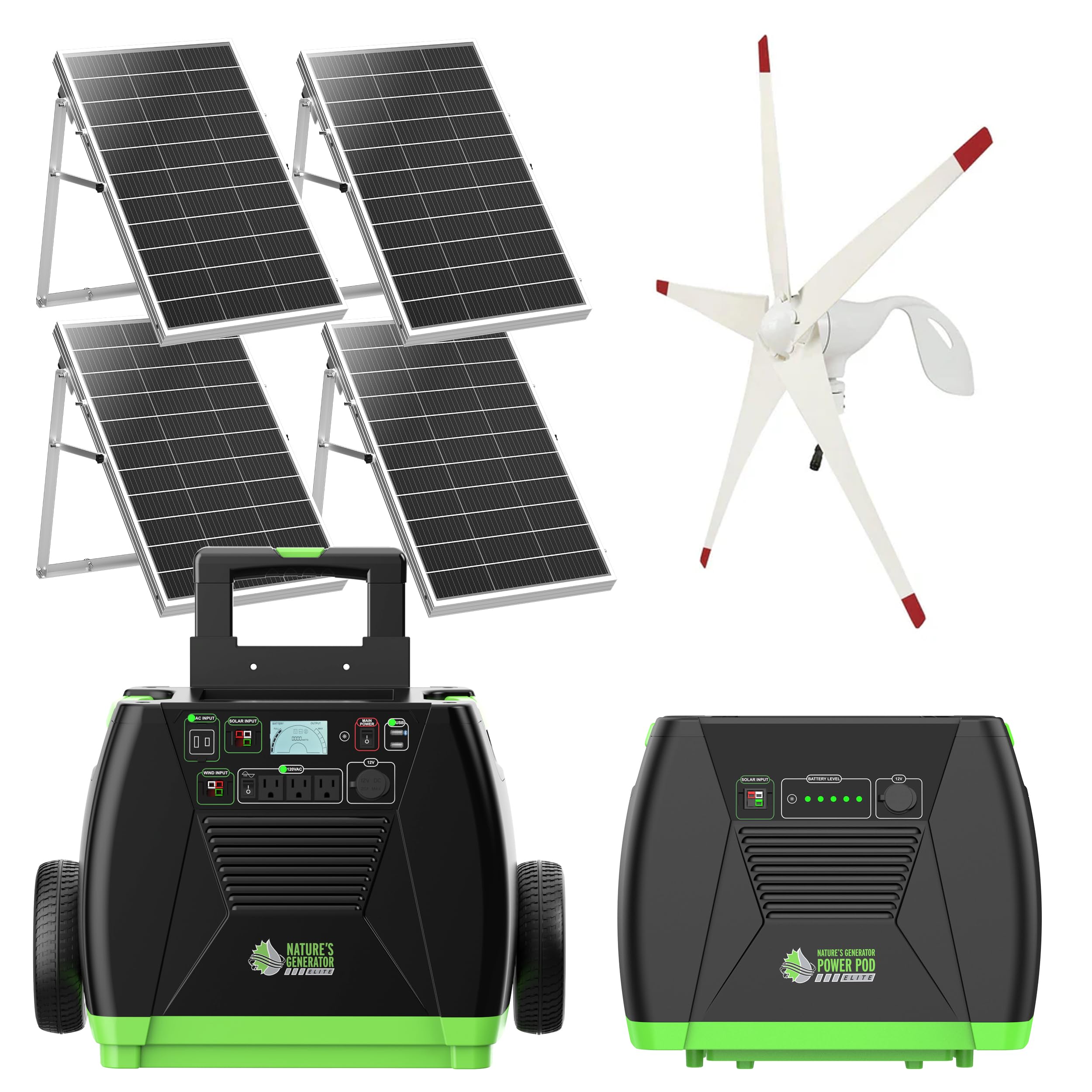 Elite Platinum - WE System:3600W Solar & Wind Powered Pure Sine Wave Off-Grid Nature's Generator Elite+1200W Power Pod+4pcs 100W Solar Panel+ Wind Turbine