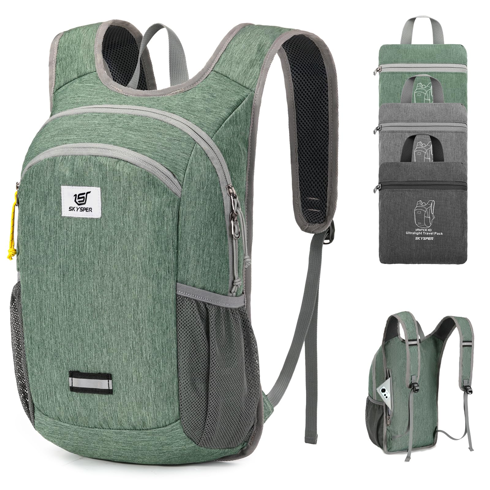 SKYSPER 10L Hiking Backpack, Foldable &amp; Packable Lightweight Daypack for Travel, Collapsible Small Compact Hiking Backpack for Women &amp; Men, Green