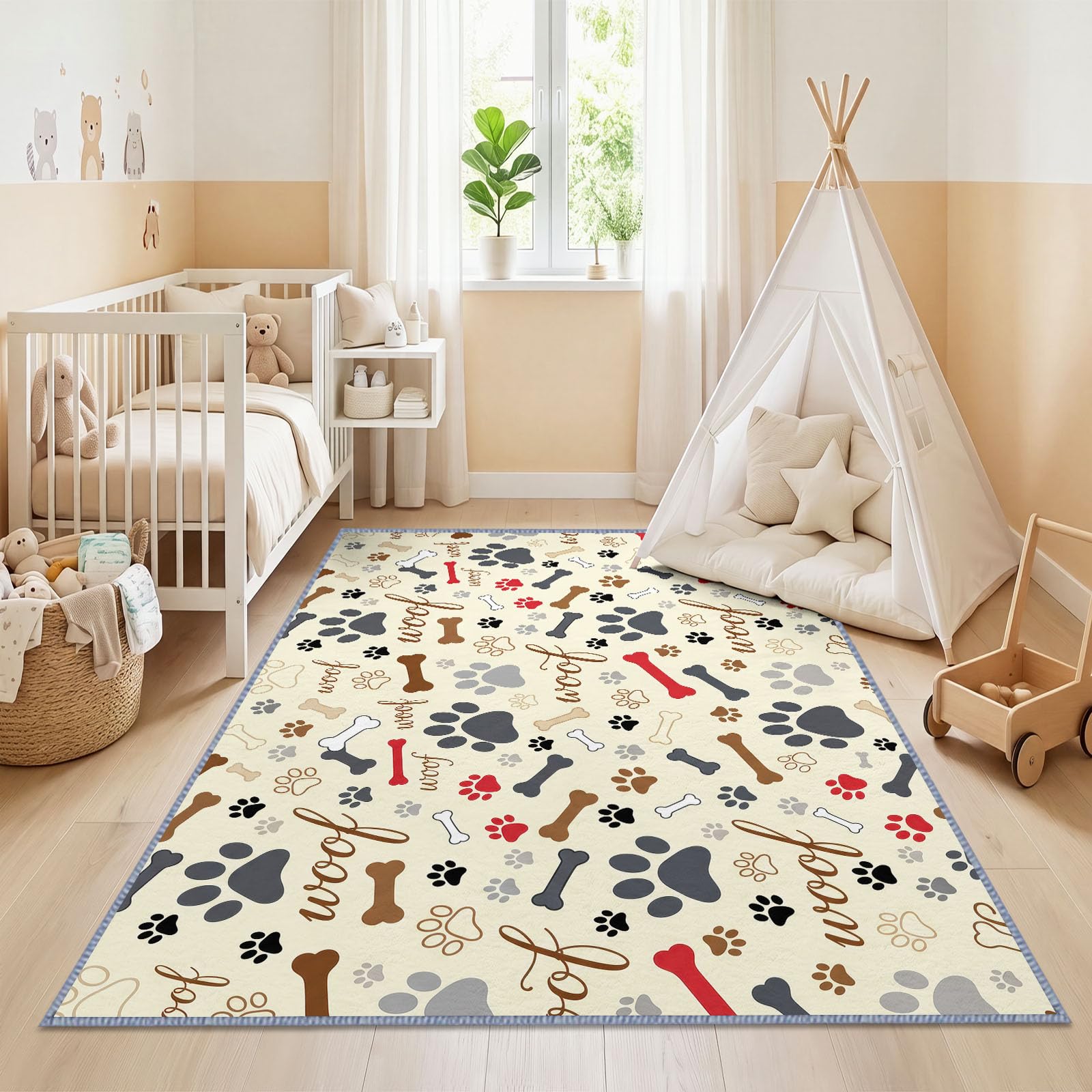 Generisch Hundepfotenabdruck Hundeknochen Waschbarer Teppich Wohnzimme 160x230 cm, Weich Kurzflor rutschfest Modern Lustig Cartoon Teppich für Schlafzimmer Esszimmer Büro