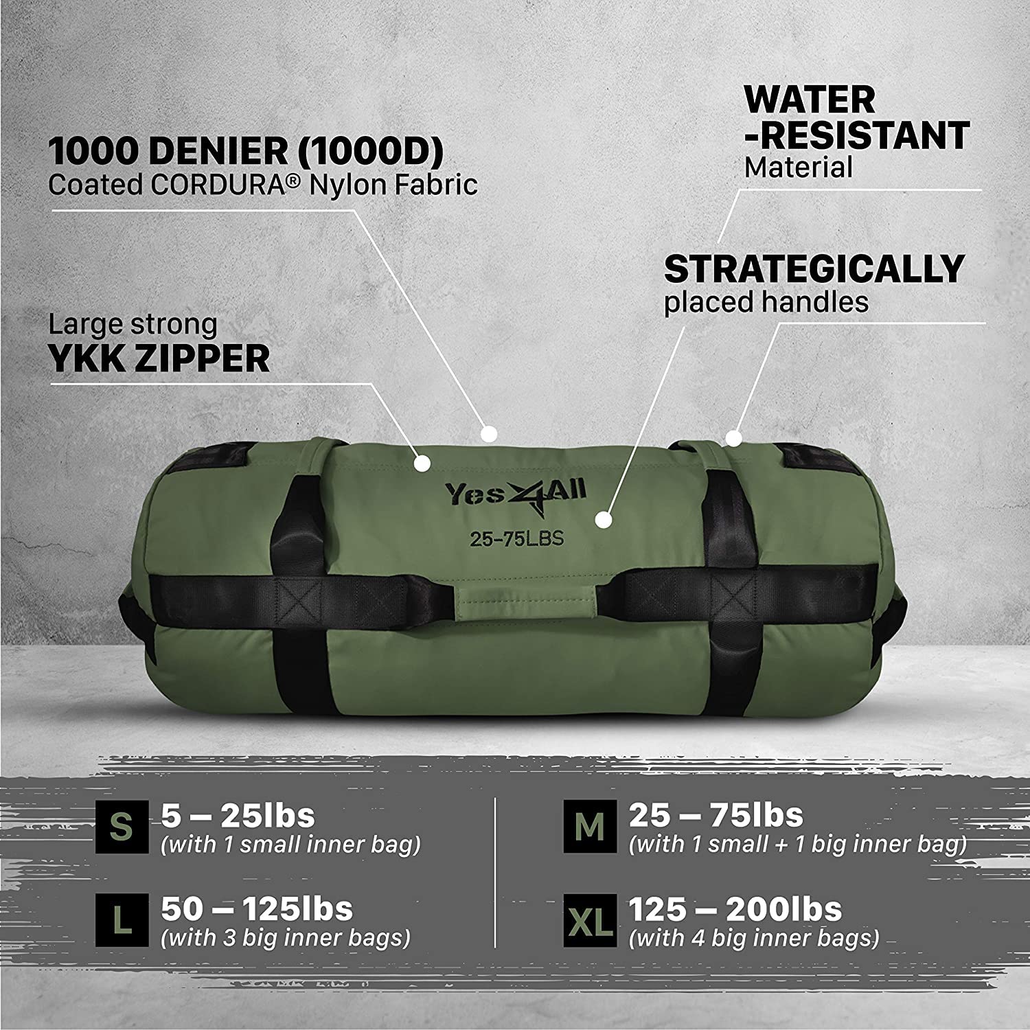 Yes4All Workout Sandbags, Heavy Duty Sandbags for Fitness, Conditioning, MMA & Combat Sports - Army Green - M