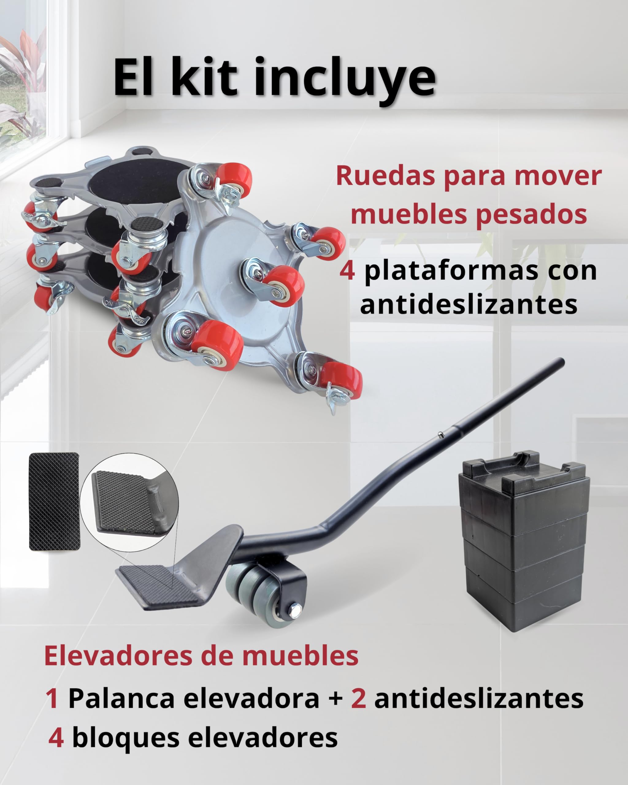 Kit para Mover Muebles Pesados | 4 Plataformas Acero Reforzado con 5 Ruedas 360° y 2 Frenos | Palanca Elevadora Extensible | hasta 800 kg | Protege Parquet y Suelo