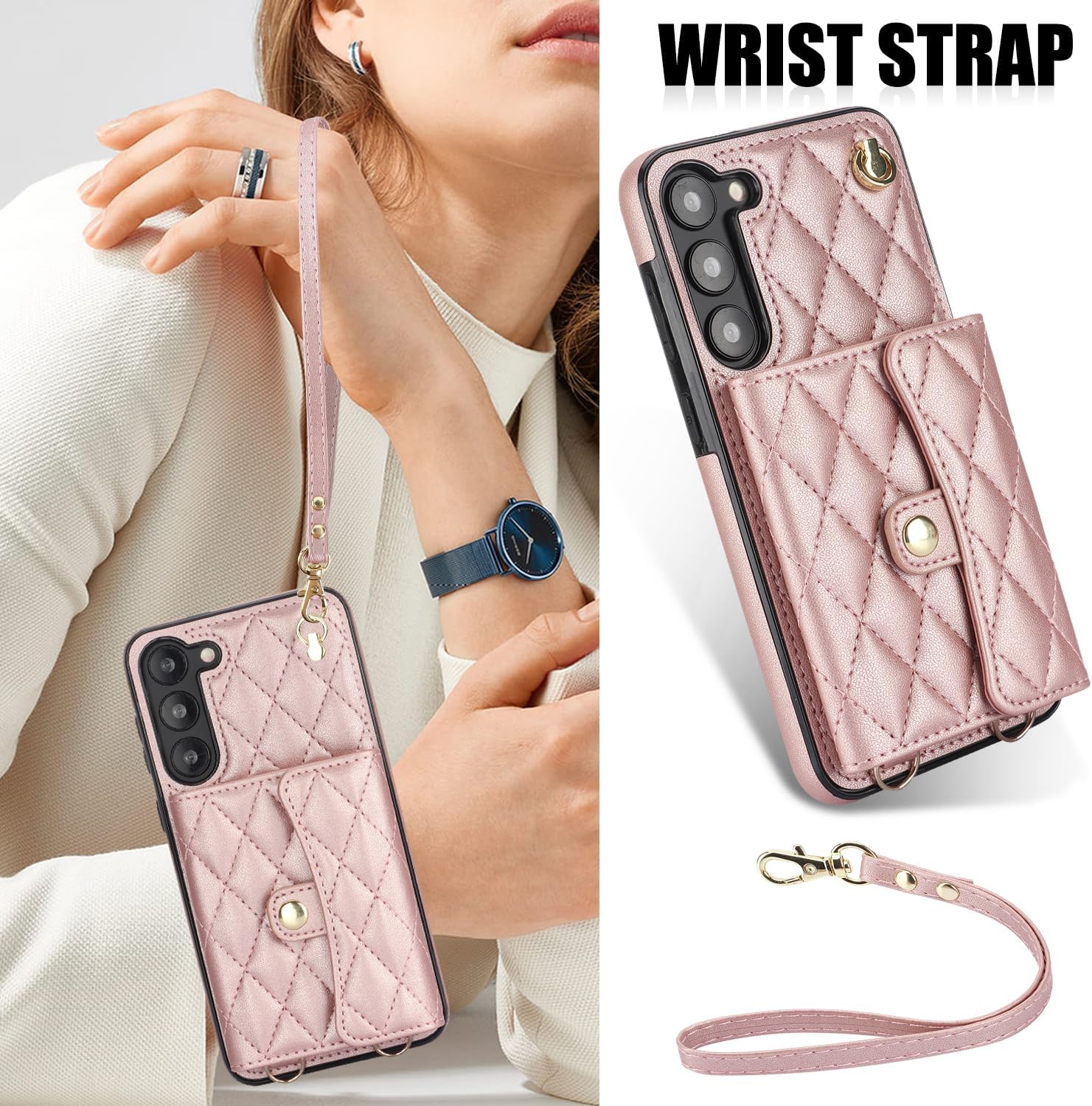 for Samsung Galaxy S25 Accordion Crossbody Wallet Case, 4 Card Slots, RFID Blocking, and Adjustable Strap - Stylish and Versatile Accessory. (Rose Gold)