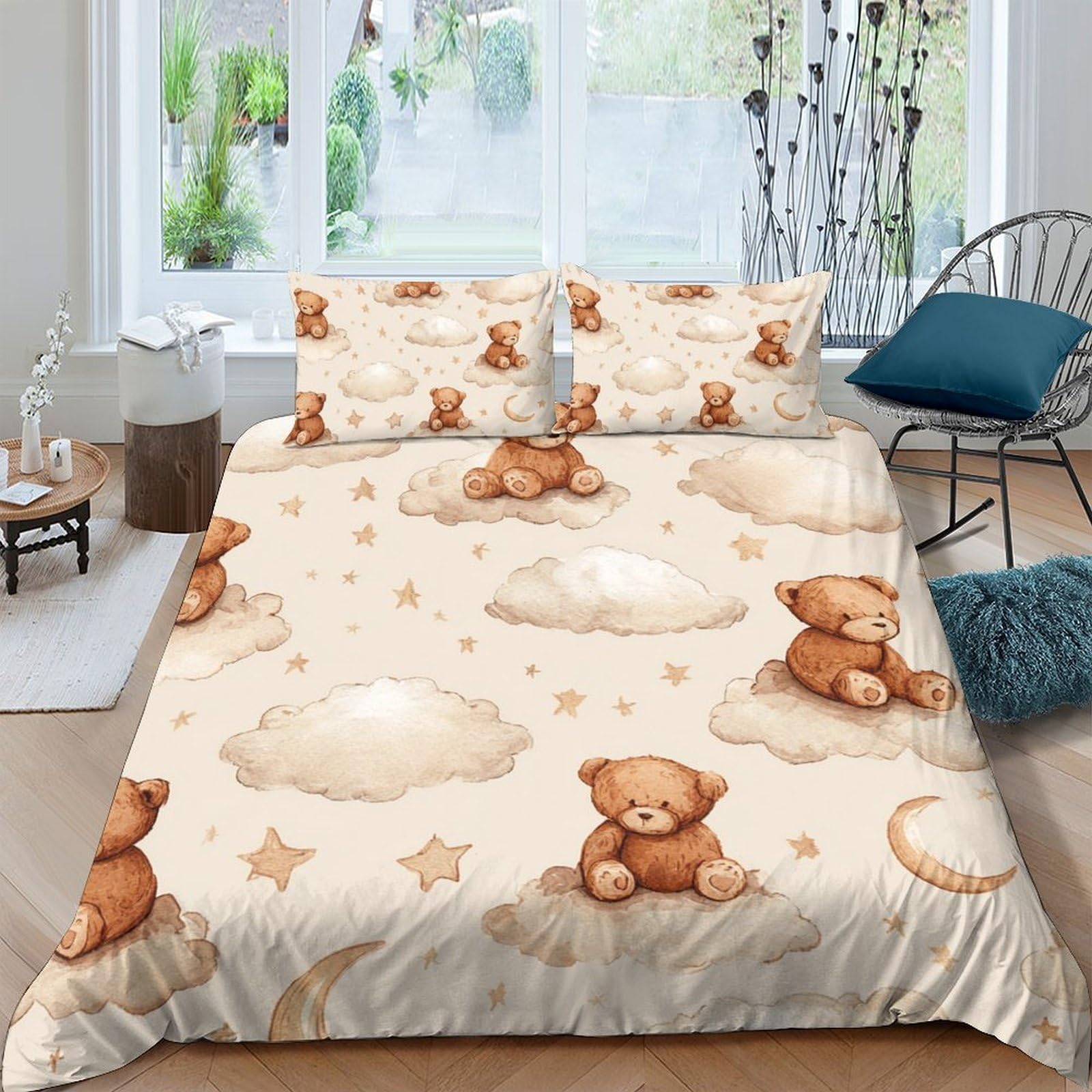 Ctjqhvkz Style-7 3D Printed Cute Teddy Bear Fitted Sheet Microfiber Soft Breathable Cloud Star Bed Cover For Bedroom Dorm Decor Single（135X200cm）