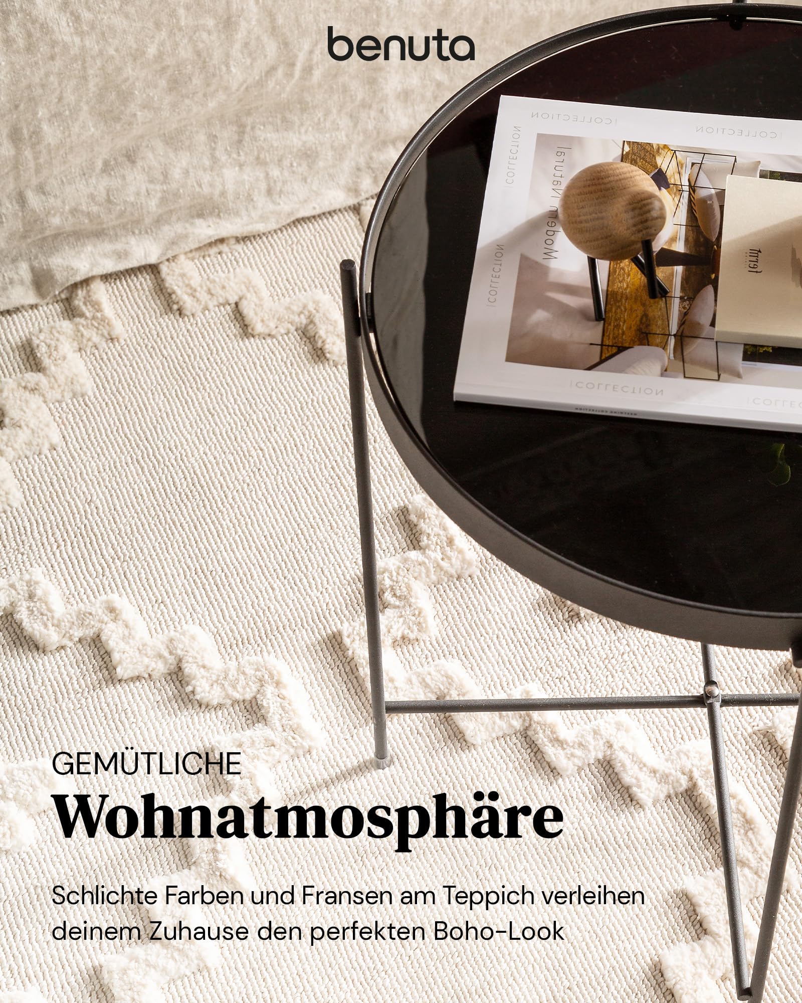 benuta Pop Teppich OYO - Creme 80x150 cm - Eleganter Boho Look Teppich für Schlafzimmer und Wohnzimmer - Maschinengewebt - Für Fußbodenheizung geeignet