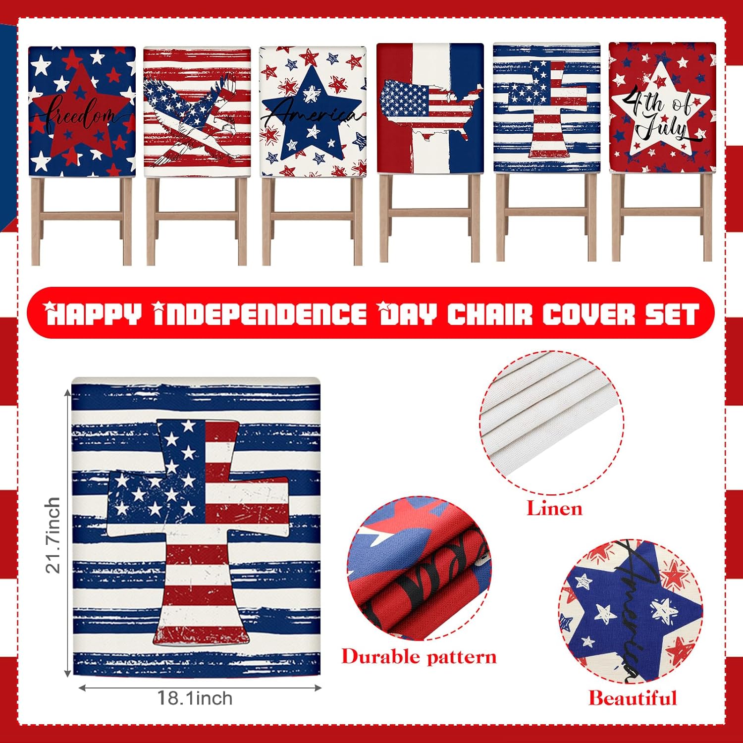 VitalCozy Set of 6 4th of July Chair Cover Patriotic American Flag Stars Stripes Decorative Chair Cover Independence Day 250th Anniversary Seat Protector for Kitchen Dining Room Hotel Decor