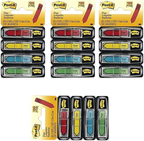 Post-it Banderas de mensaje, "Sign Here", colores surtidos, 1/2 pulgada de ancho, 30 dispensadores, 4 dispensadores/paquete, paquete de 4