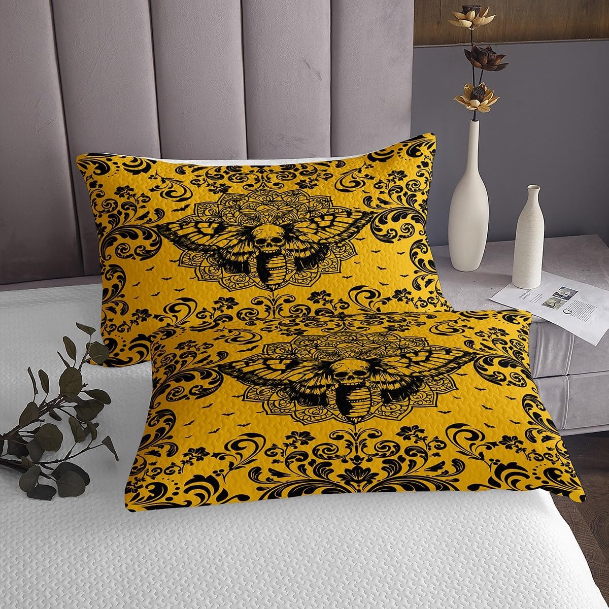 Erosebridal Halloween Moth Pattern Coverlet Set Queen Turquoise Black Gothic Bedspread Goth Boho Damask Floral Quilt Set for Kids Adults,Halloween Animal Print Bedding Quilted