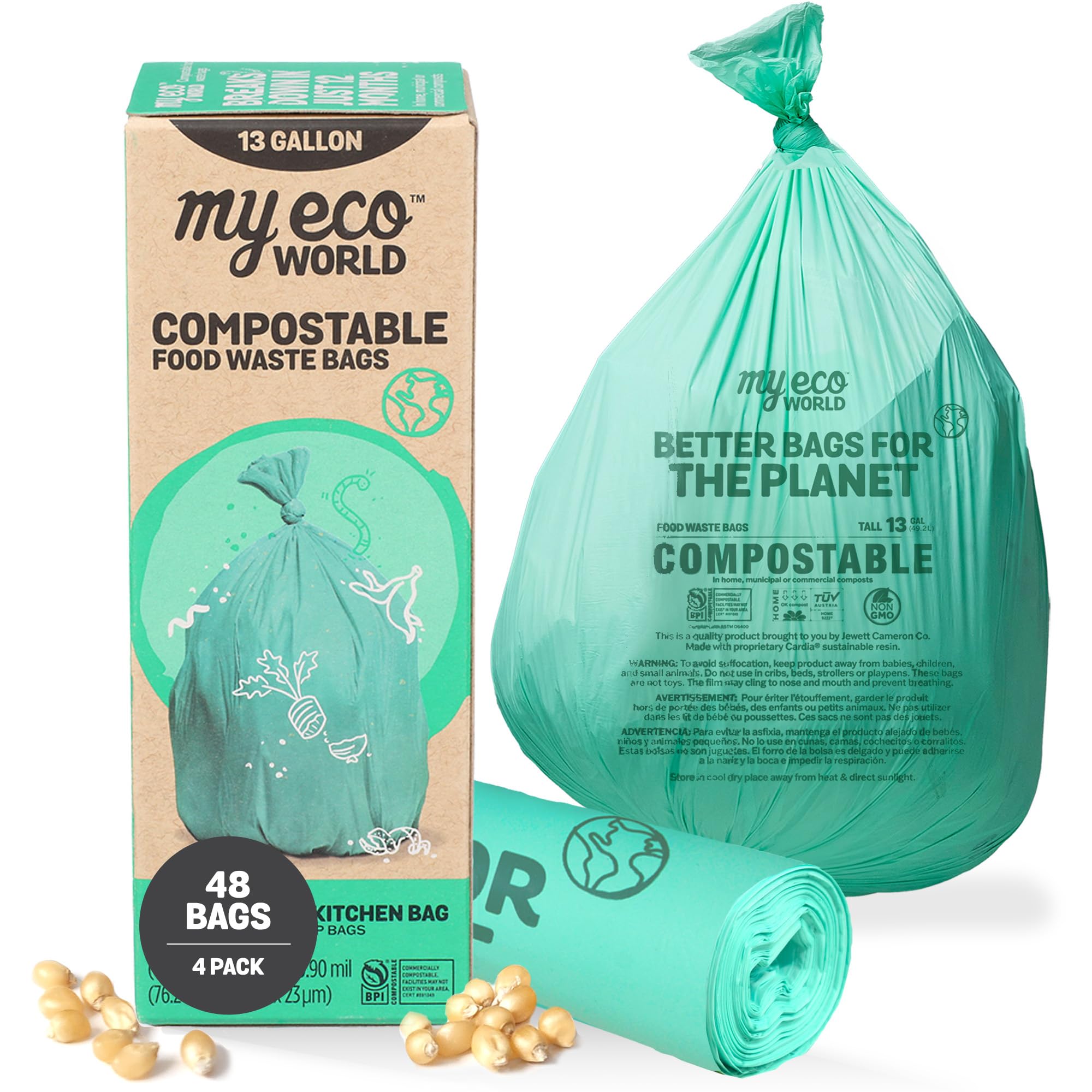 Bolsa compostable para residuos de alimentos, 48 unidades, 100% compostable con certificación BPI, cumple con AS5810 y EN13432, grande, 13 galones, súper fuerte, impermeable, sin perfume,