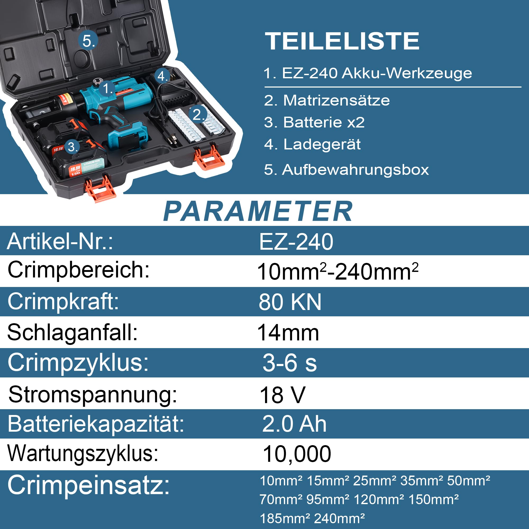 AMZCNC Oplaadbare hydraulische krimptang, draagbaar, 18 V lithium-batterijen, 2 stuks, 11 stempels (16-300 mm²), kabelschoen, krimptang
