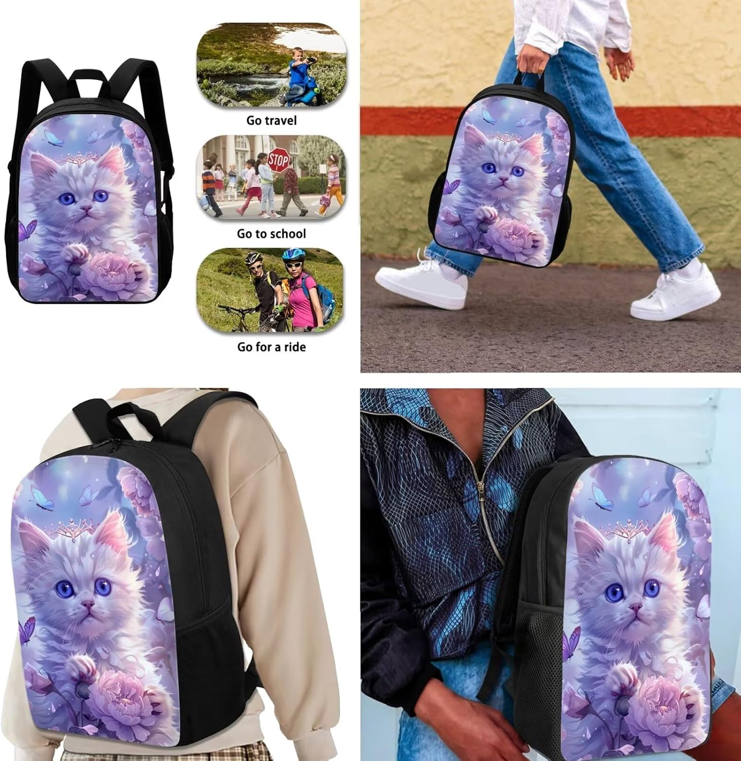 Cat Kids Backpack Set for Girls, Large Girls School Backpack Set of 3, 17 Inch Light Kids School Backpack with Insulated Lunch Bag Kawaii Cute Pencil Case for Elementary School, Purple
