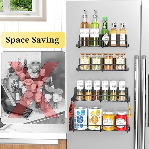 Miniatura 3 de SUNALLY Estante magnético para especias para refrigerador, paquete de 6 estantes magnéticos para refrigerador con ganchos, estante organizador de