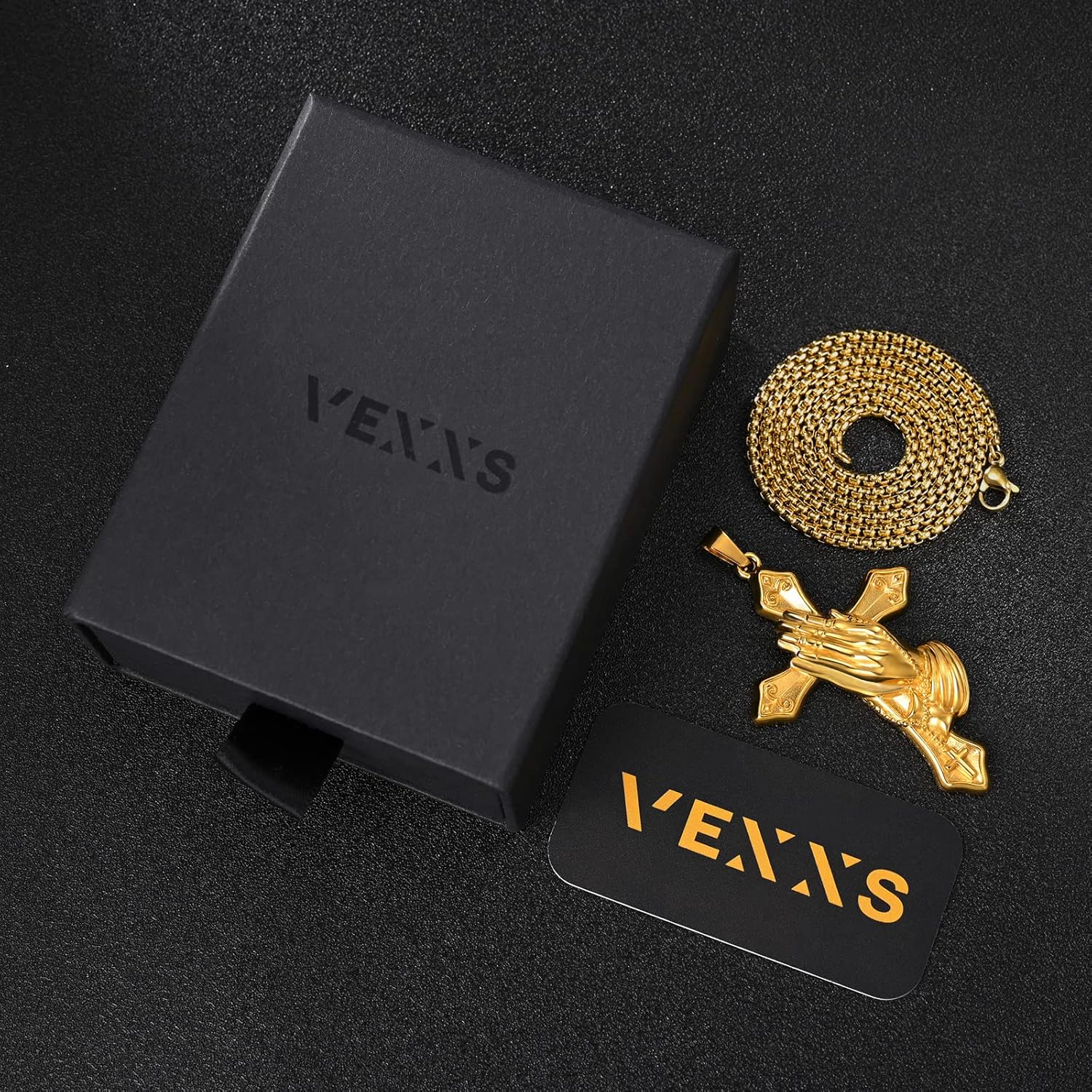 VEXXS Cross Necklace for Men, 18K Real Gold Plated Pendant Necklace with 2.5mm box chain, Durable No Color Fading Men’s Necklace Chain Urban Fashion Street Wear Gold Chain