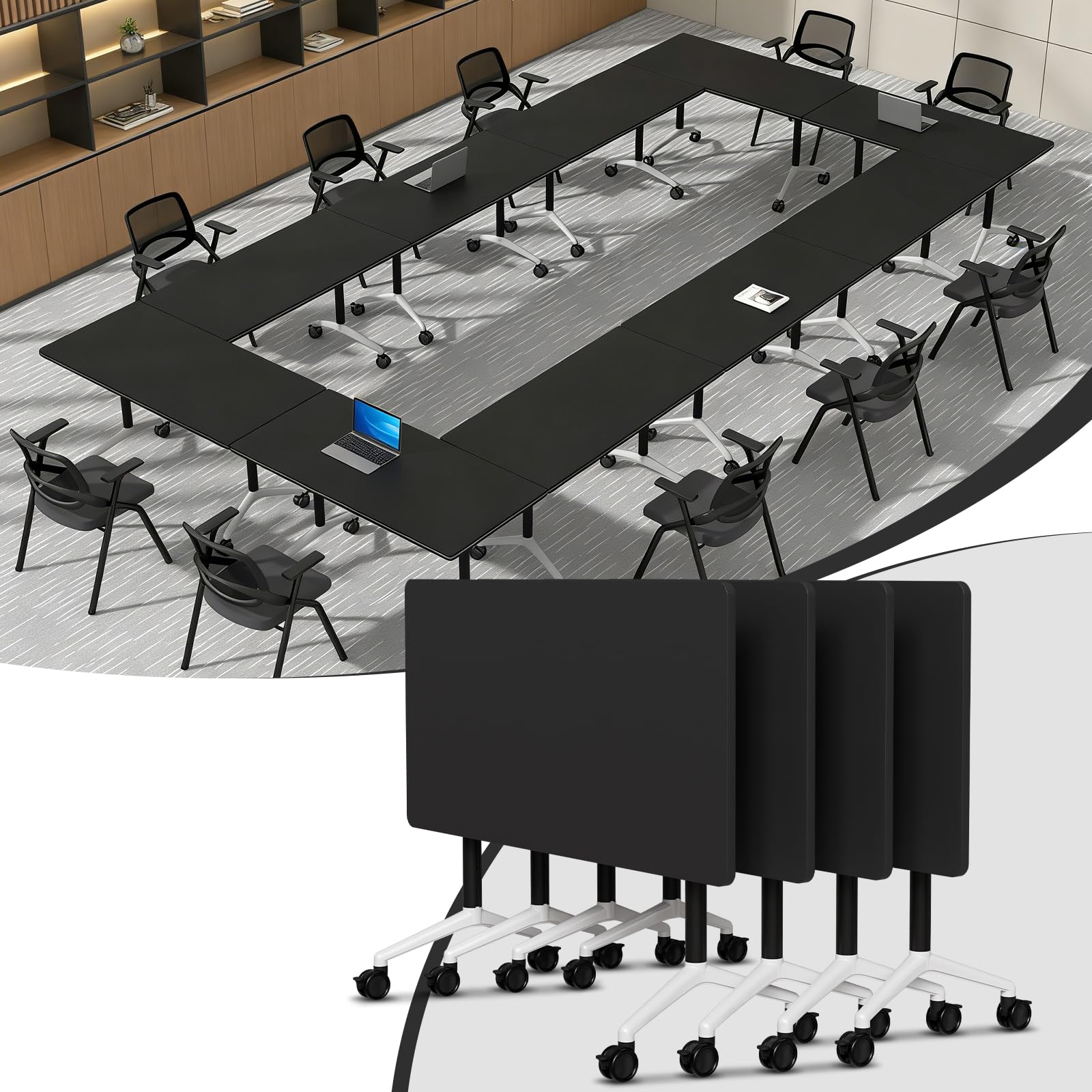 Folding Conference Tables,Flip Top Conference Room Table Mobile Training Tables for 8-10 People,Meeting Table with Silent Wheels for Office Seminar Classroom Tables(10,Black,47.5in)