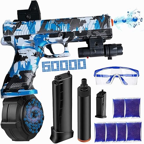 JM X2 Bolas de gel Cool Blasters Juguetes, Splatter Orby Blaster Pistola Tambor con 60000 bolas de agua y gafas de seguridad (azul)