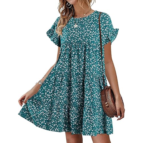 Chuanqi Womens Ruffles Boho Floral Printed Babydoll Loose Swing Casual Short Mini T-Shirt Dress