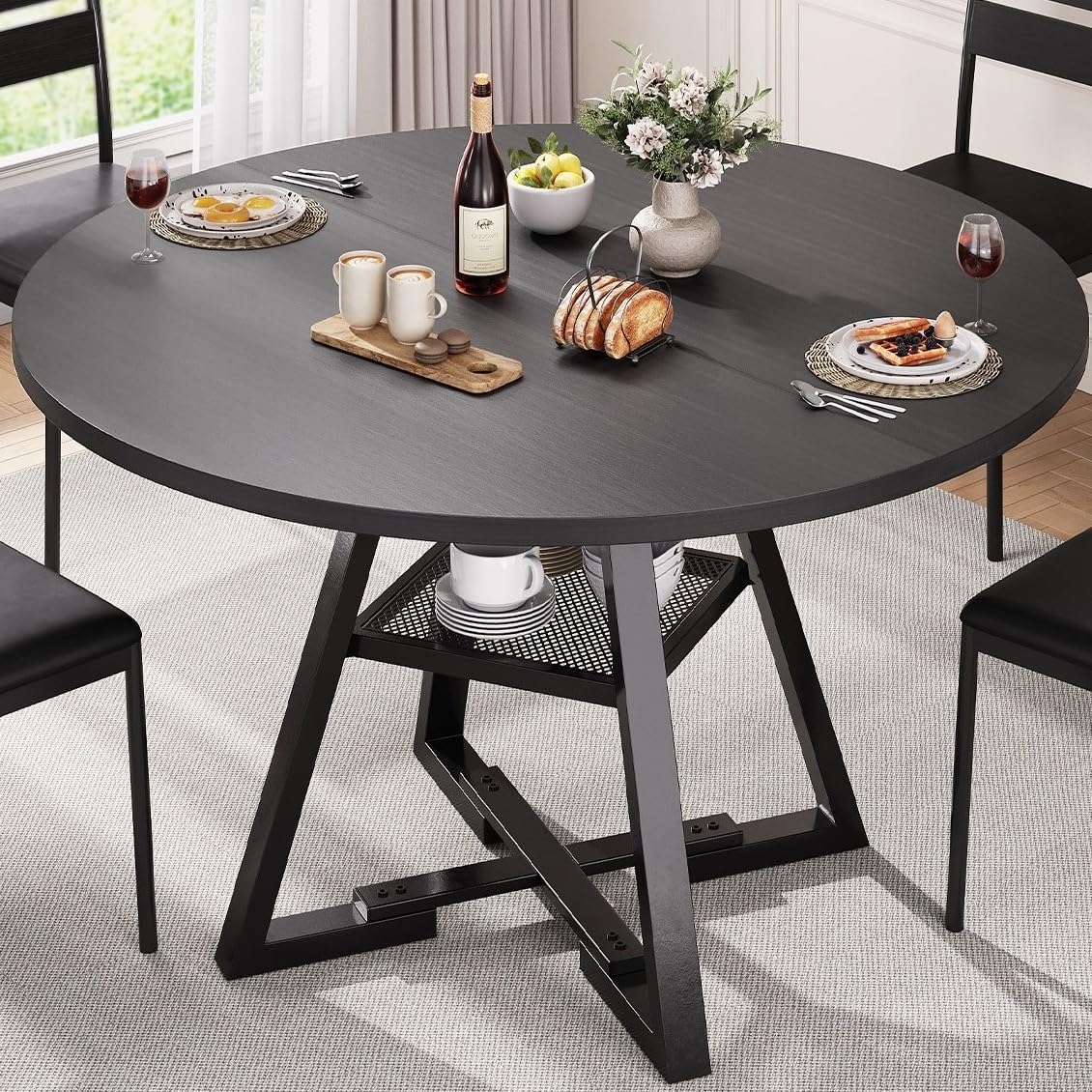 Round Dining Table for 4,Kitchen Dining Room Circle Dinner Pedestal Table,Space Saving Wood Kitchen & Dining Room Furniture (Black, 42In)