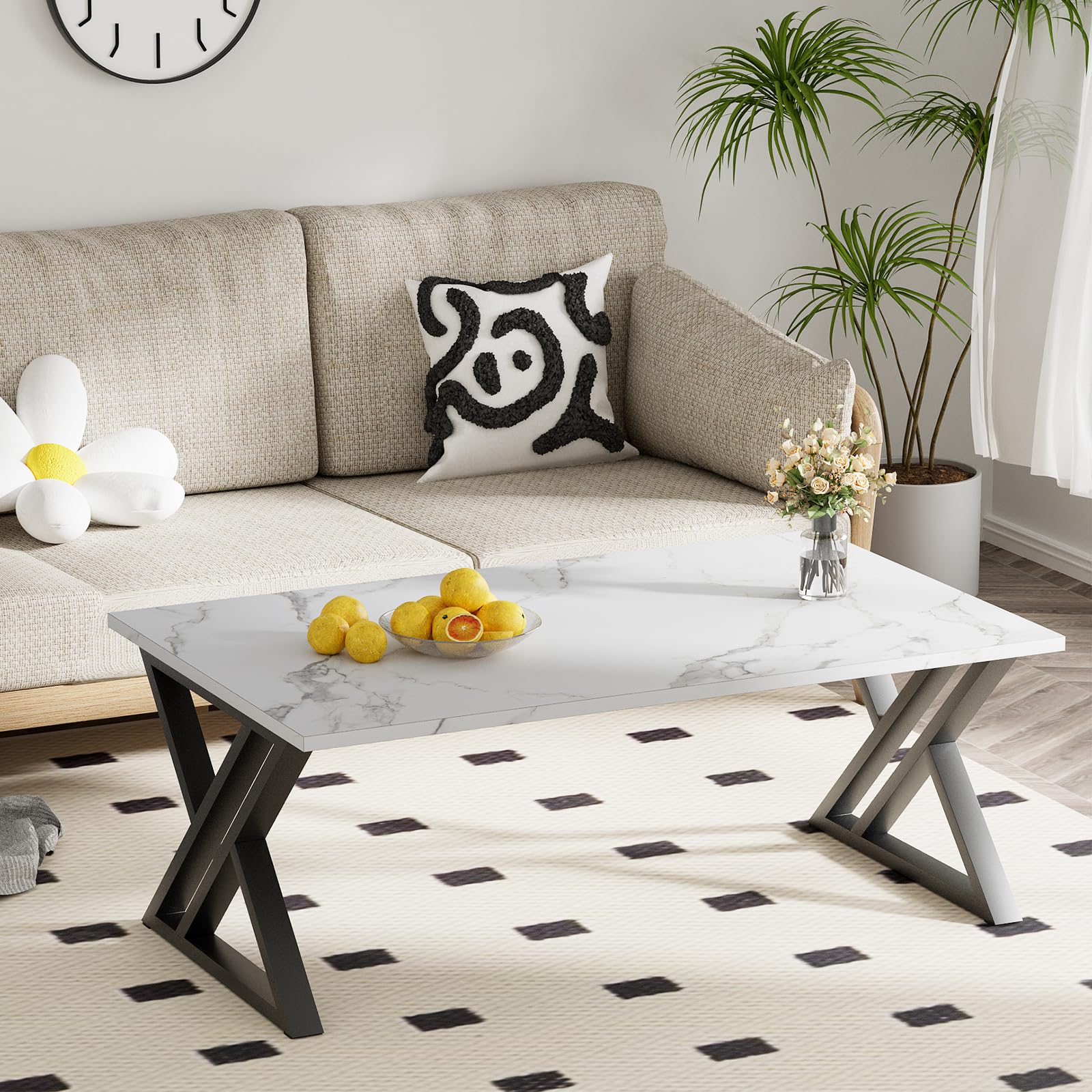 Table basse, table de salon, table basse en bois, table d'appoint pour salon, montage facile, baleines, espace de rangement ouvert, 100 x 48 x 55 cm, marbre blanc et noir