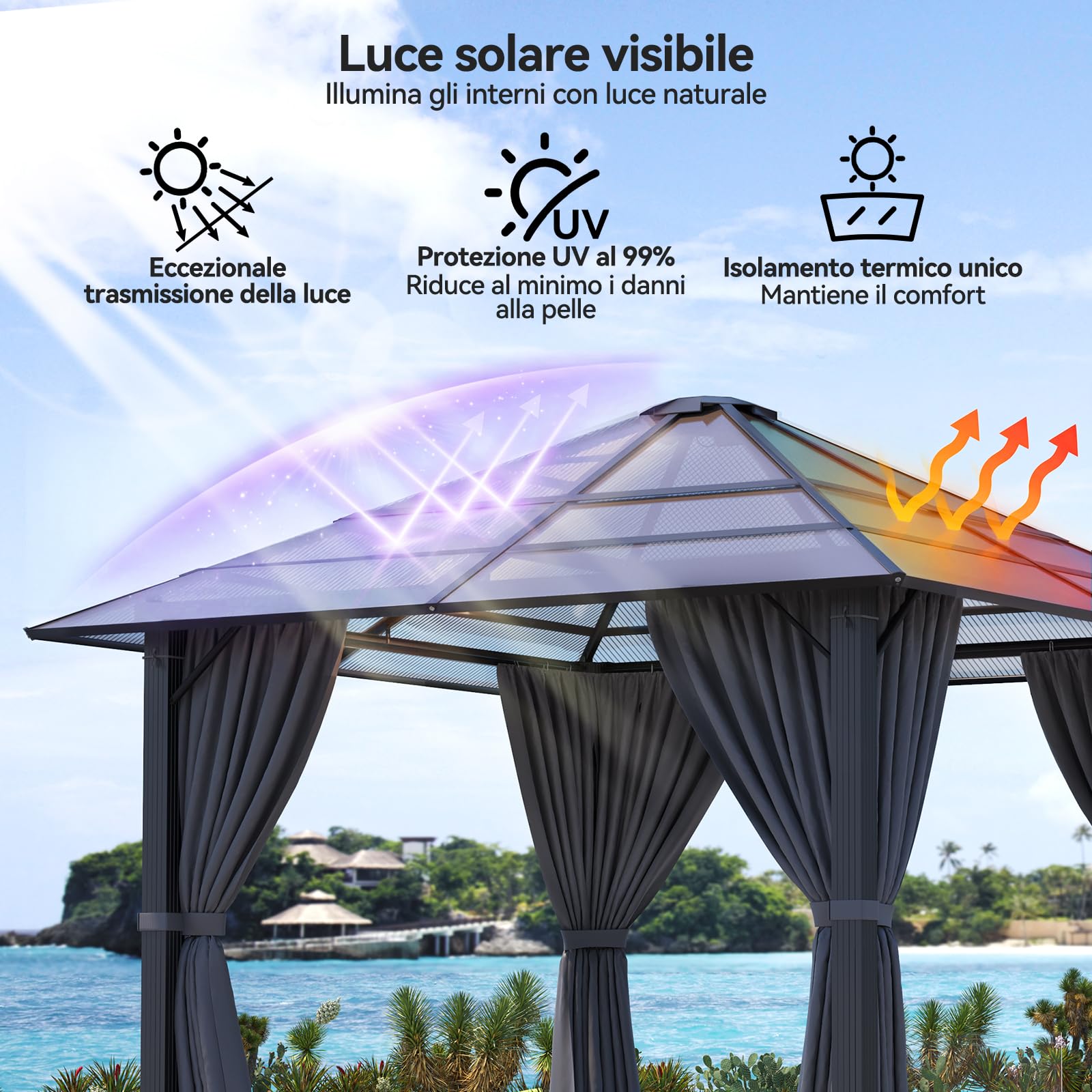 Devoko Gazebo 3 x 3 impermeabile, stabile, in alluminio, gazebo da giardino, con tetto fisso, protezione UV, adatto per scene esterne, grigio