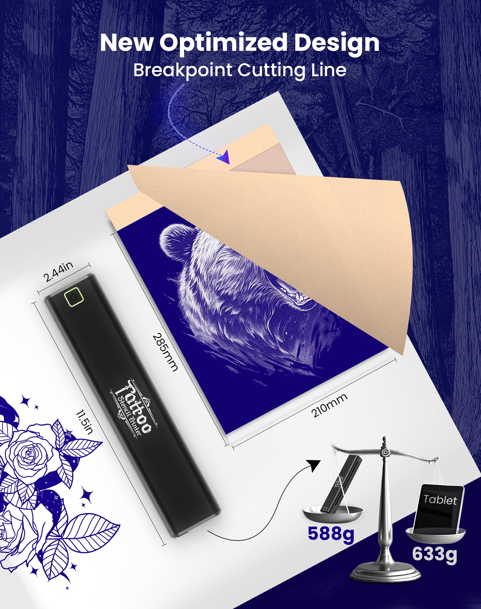vretti Stampante Per Tatuaggi, Stampante Stencil Tattoo, 5 Pezzi Carta Trasferimento, Compatibile Smartphone PC