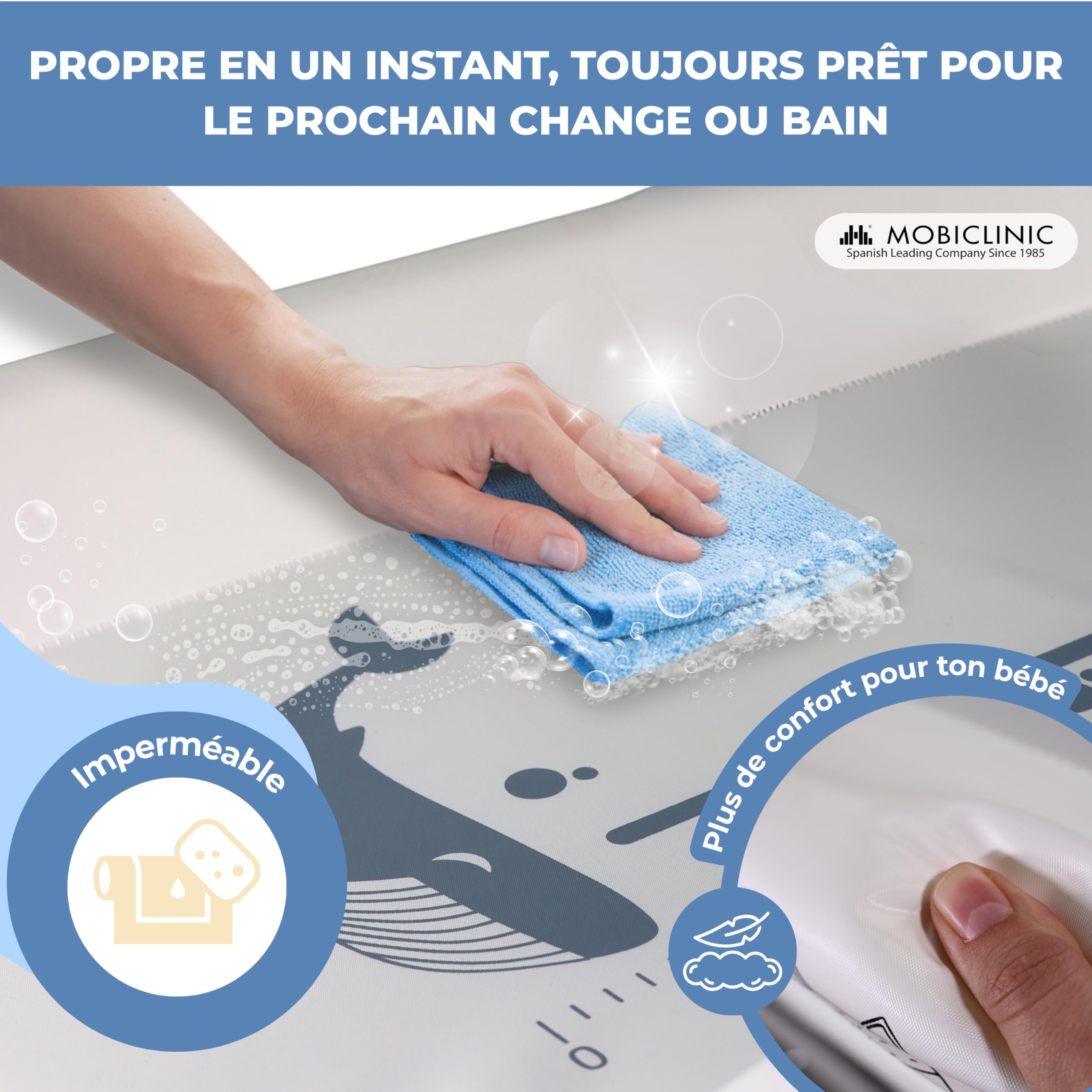 Mobiclinic®, Table à langer 2-en-1 avec baignoire, Trendy, Réglable en 4 hauteurs, Thermomètre, Roues frein, Paniers de rangement, Jusqu'à 50 kg, Tube drainage, 0-36 mois