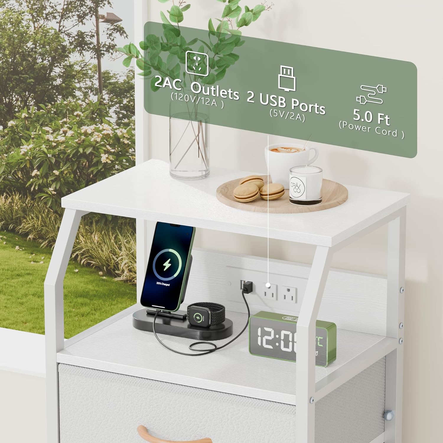 Furnulem 5 Drawers Dresser with Charging Station, Tall Night Stand with Open Shelf, Storage Tower with PVC & Fabric Drawer, Bedside Table for Bedroom, Closet, Entryway, 3 Ways to Use, White - Image 8