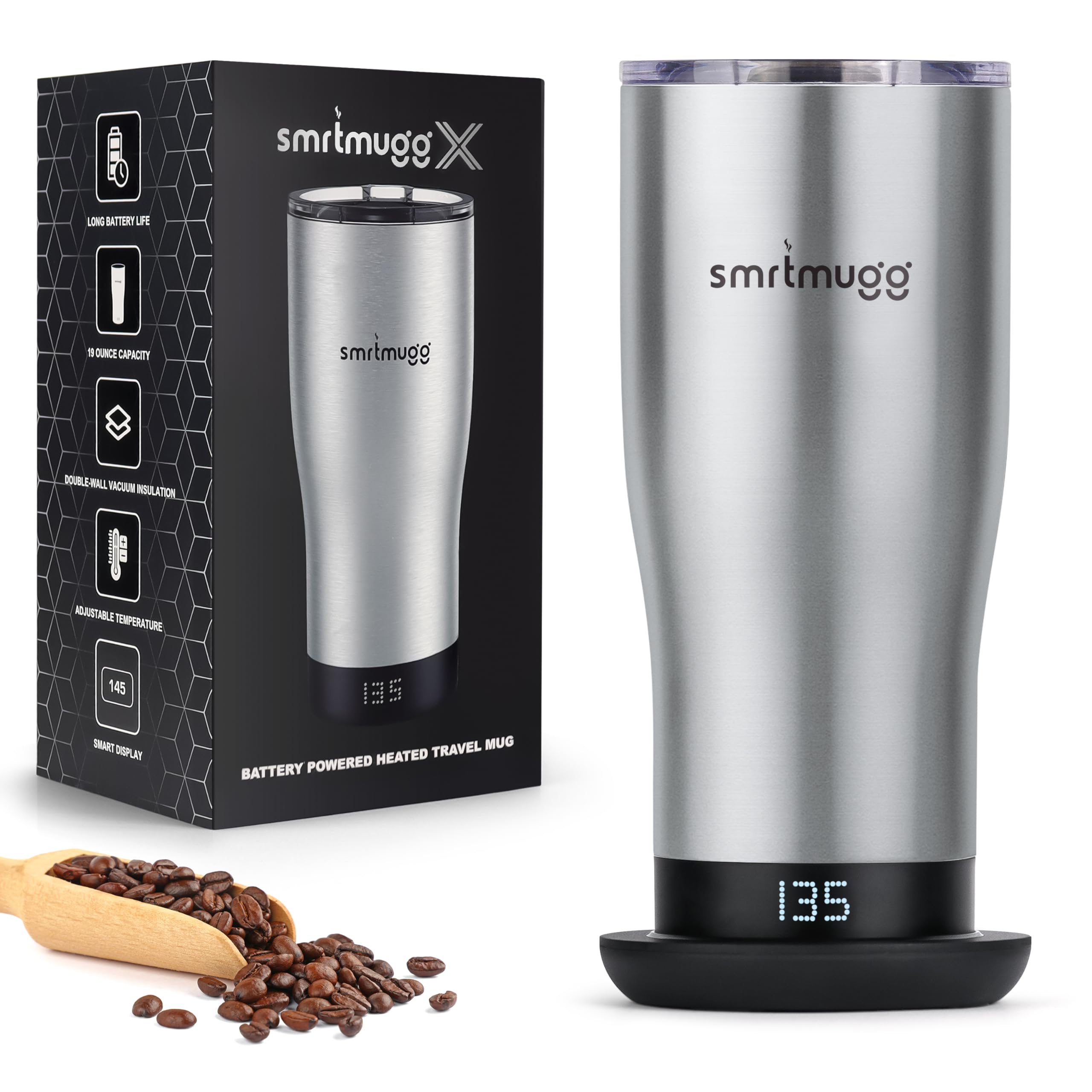 SMRTMUGG X Heated Coffee Mug 19 oz., 8 Hour Battery Life, Self-Heating, Adjustable Temp Controlled, LCD Screen, Includes Cover with Magnetic Slider (Black) (Stainless Steel)
