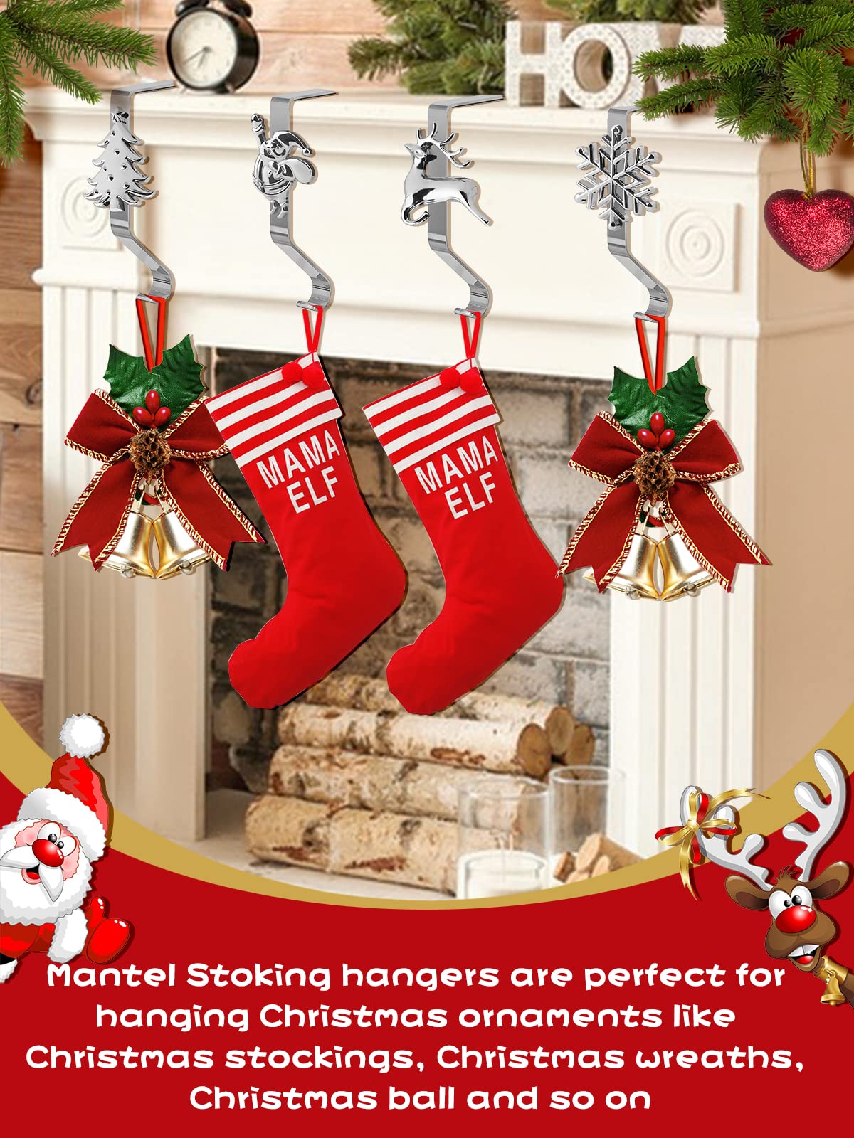4 Pezzi Ganci Per Calze Di Natale - Supporti Per Camino Con Design Festivo (Babbo Natale, Renna, Albero, Fiocco) - Argento