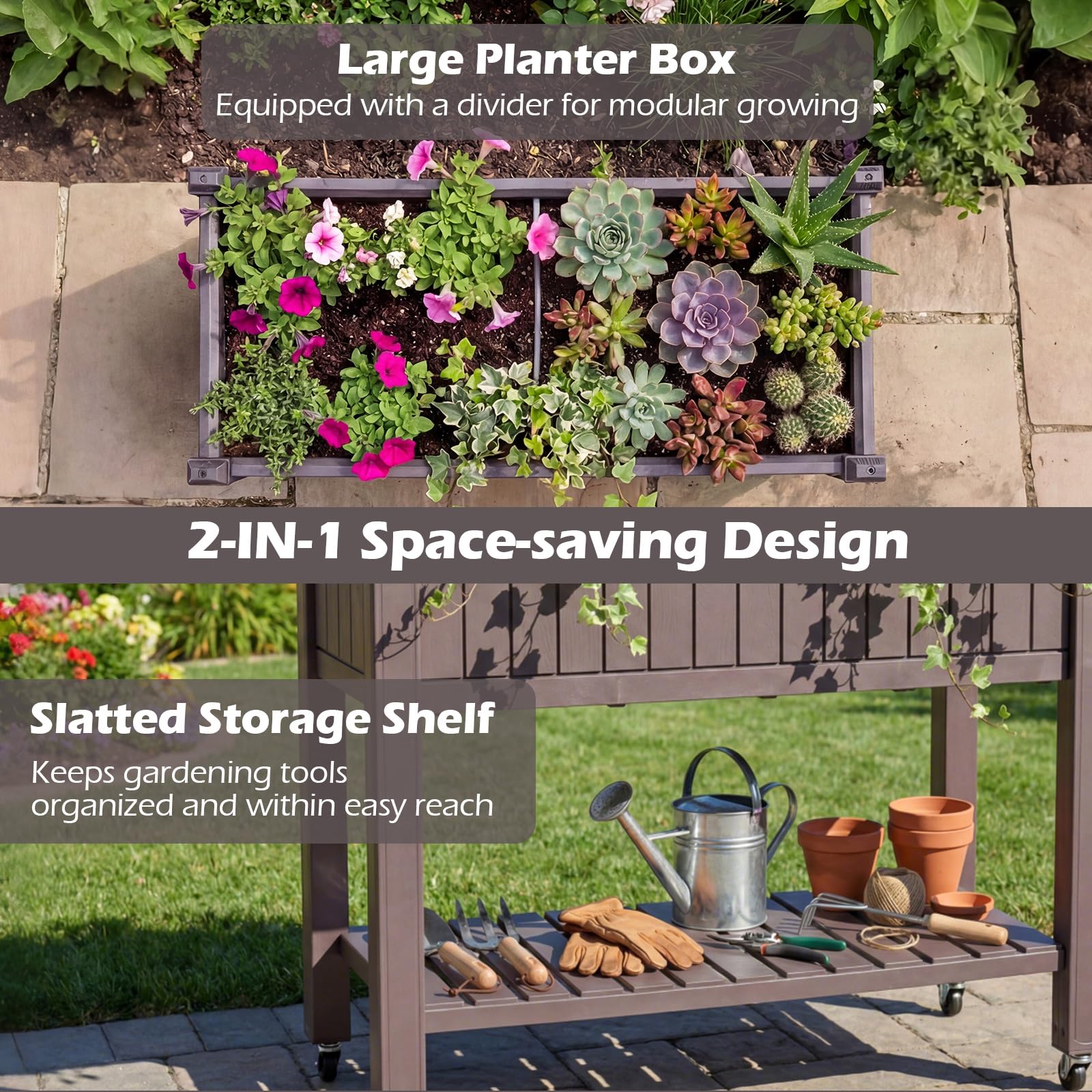 FANTASK Blumenkasten mit Ablage & 4 Rollen, Hochbeet mit Wasserstandsanzeiger & Ablauflöchern, Gartenbeet aus Kunststoff & Metall, Kräuterbeet Gemüsebeet, Anzuchtbeet für Balkon Garten Terrasse, Braun