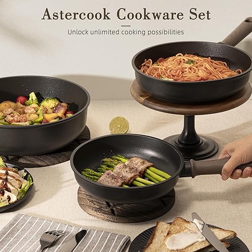 Miniatura 6 de Astercook Juego de ollas y sartenes antiadherentes, juegos de utensilios de cocina de inducción de titanio no tóxicos saludables para cocinar con