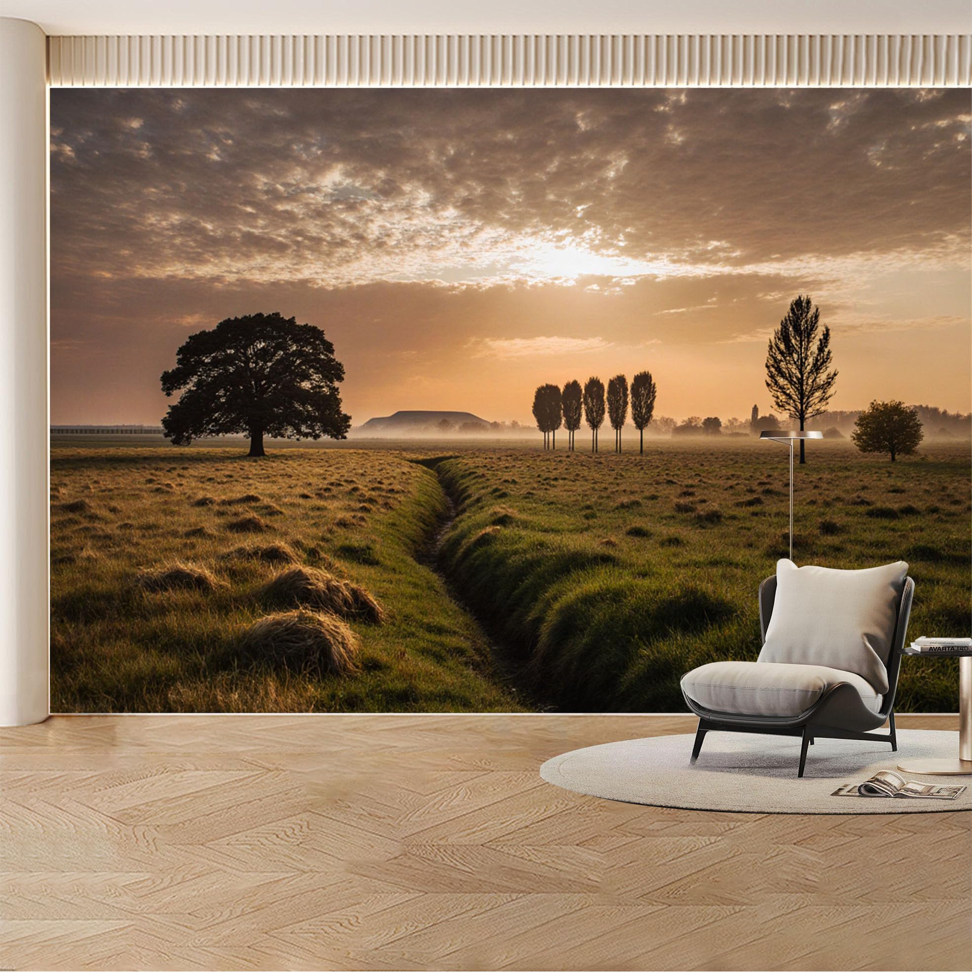Custom Wall Mural Wallpaper Misty Meadow Landscape Nature Large Wall Art Removable SelfAdhesive Large Photo for Living Room， Bedroom， Office