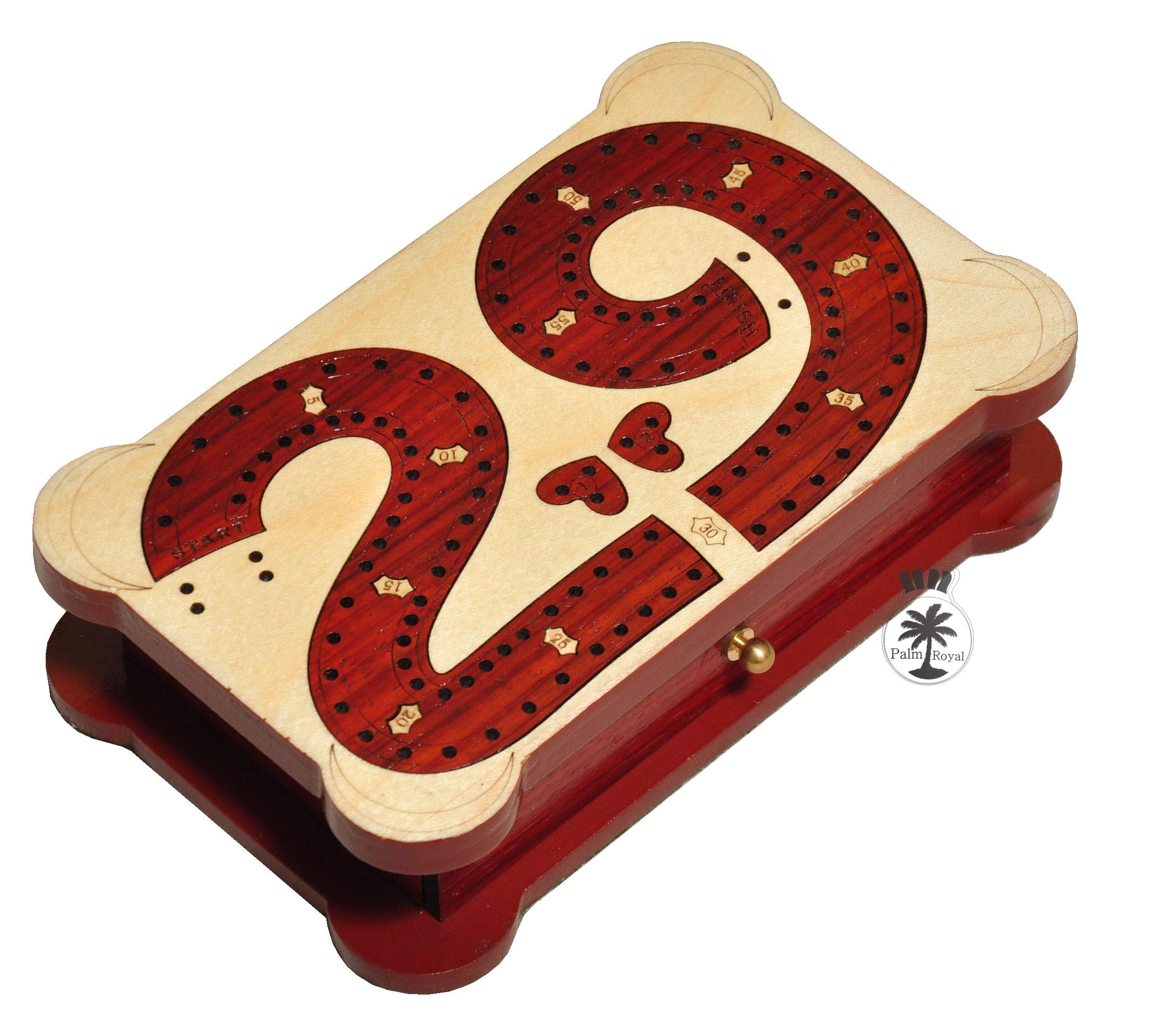 PALM ROYAL HANDICRAFTS 2 Track Wooden Cribbage Board 29 Cribbage Inlaid in Blood Wood and Maple. Travelling Cribbage with Storage and Pegs (6.5 inches)