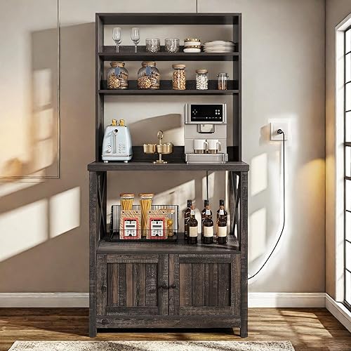 Miniatura 7 de YITAHOME Estante para panaderos con toma de corriente y puerta de armario de almacenamiento, soporte alto de microondas de 5 niveles, gabinete de