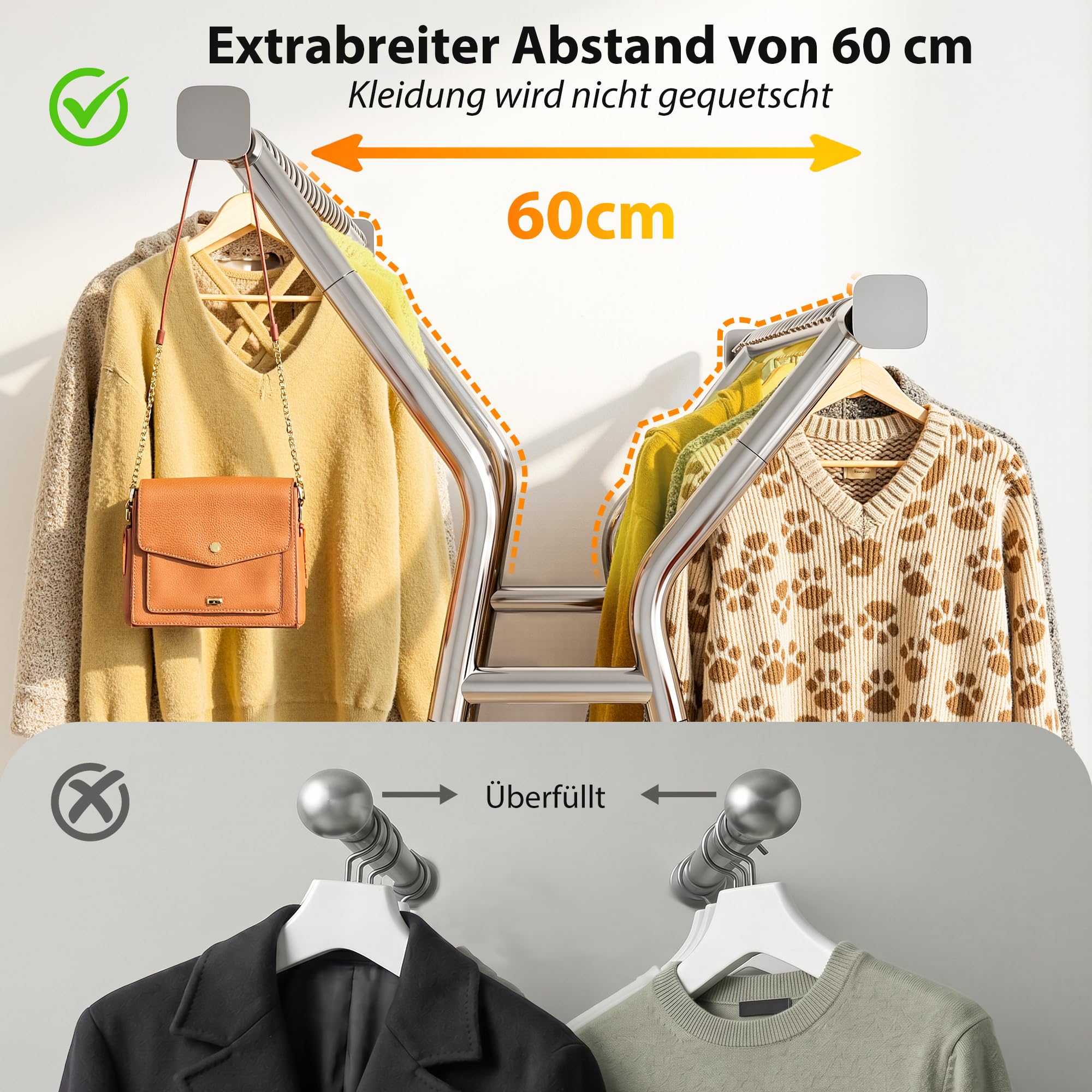 Kleiderständer auf Rollen mit Doppelstange & Netzkorb, 200 kg Schwerlast-Tragkraft, reichlich Stauraum für Kleidung & Accessoires