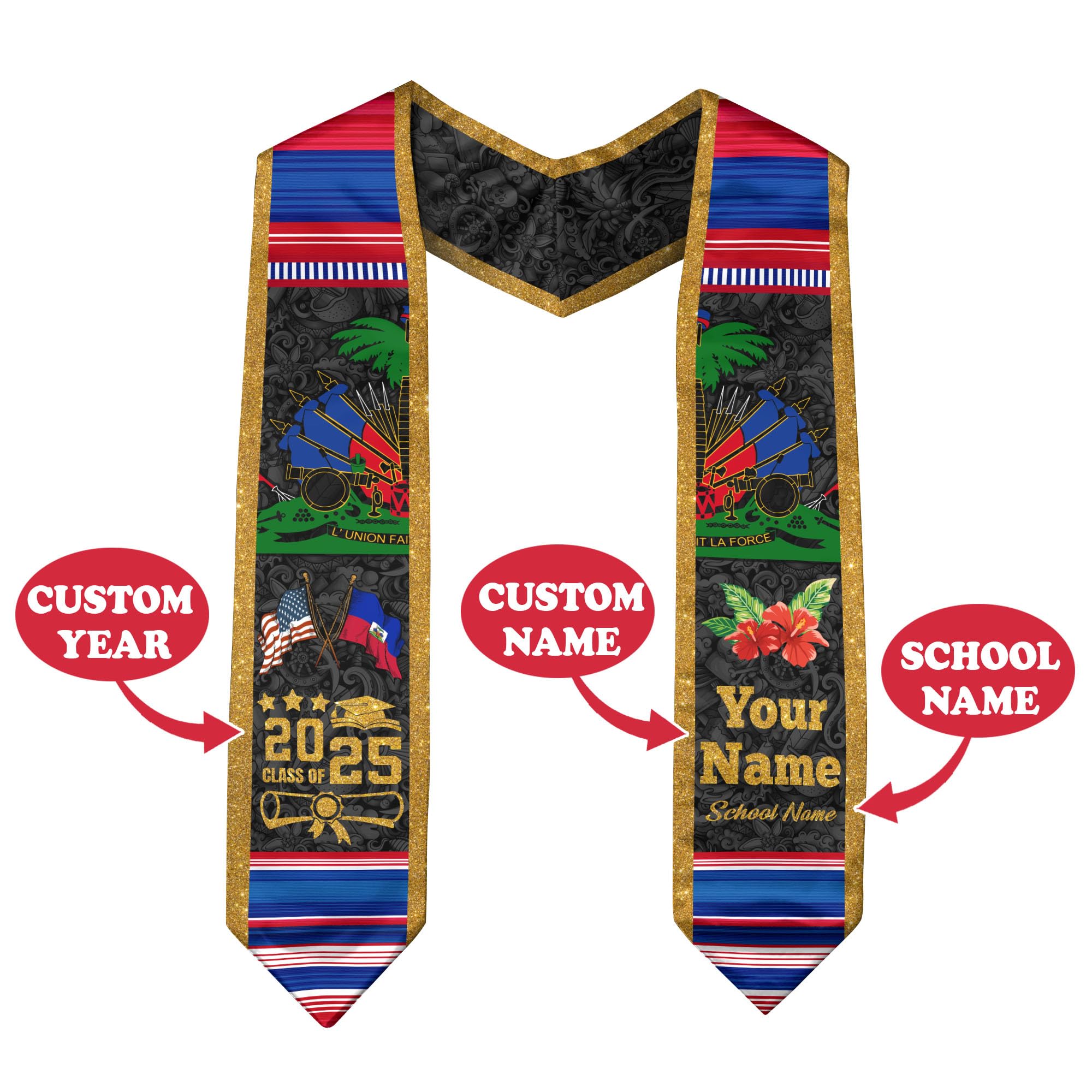 Graduation Stole Haiti, Haitian Flag Stole, Haitian Sash, Custom Graduation Sash 2025 1