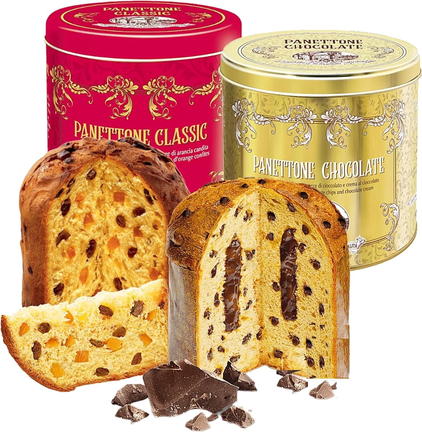 Classic Fruity & Chocolate Panettones Cake - Authentic Chiostro Di Saronno Dried Fruit 1kg and Chocolate Panettone 1kg with Topline Card. Easter Cake!