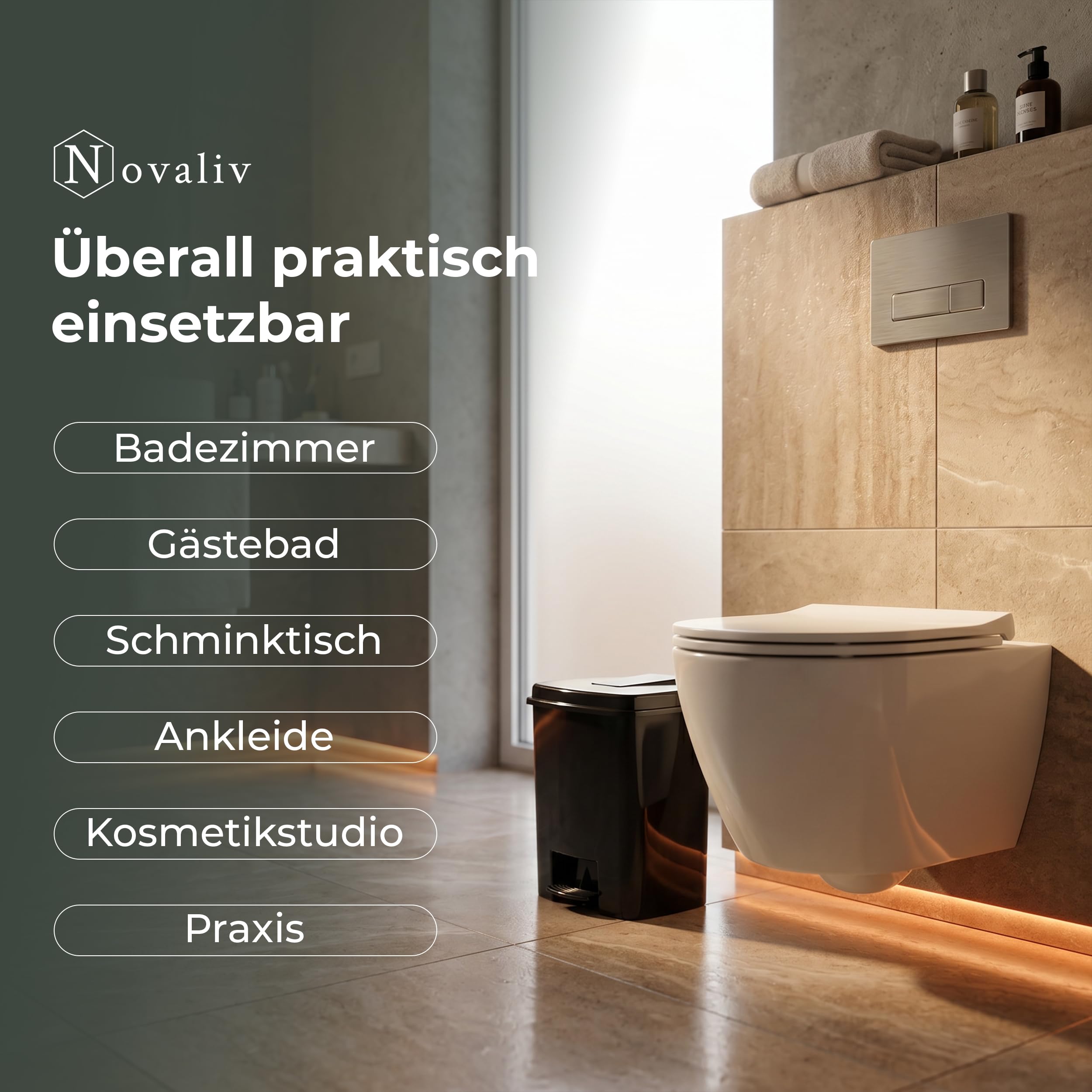 Novaliv Kosmetikeimer 5 L 3er-Set schwarz – 3x Mülleimer Bad mit Pedal & Inneneimer | Badezimmer Tretmülleimer Abfalleimer Vorteilsset für Bad, Gäste-WC & Schlafzimmer, Kunststoff, je 27 x 25 x 23 cm