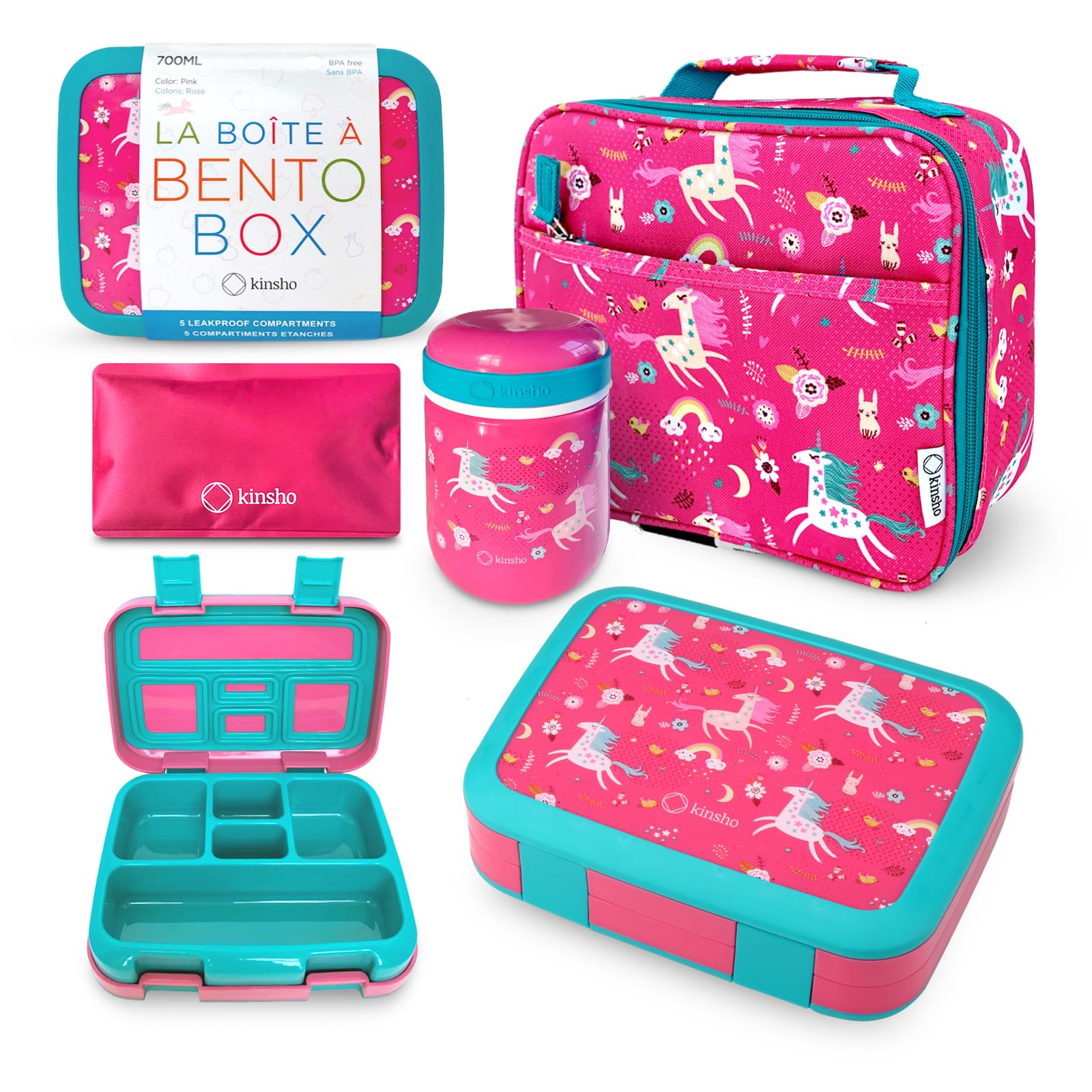 Bento-Box, Edelstahl-Lebensmittelbehälter für heiße kalte Speisen oder Suppe, isolierte Lunch-Tasche und Eispack-Set für Kinder oder Kleinkinder Alter 3 bis 7 Jahre, rosa Einhorn